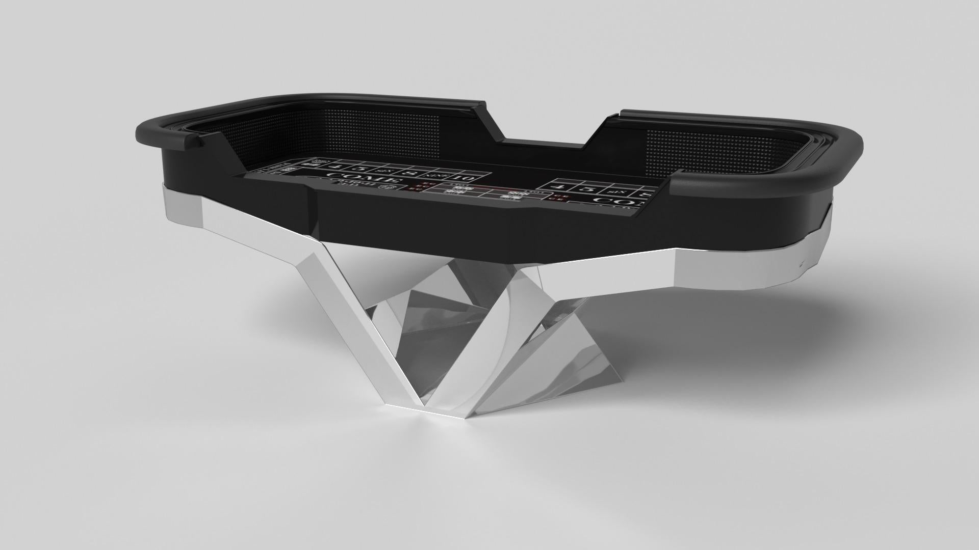 The Enzo craps table is Inspired by the aerodynamic angles of top-of-the-line European vehicles. Designed with sleek, V-shaped lines and a thoughtful use of negative space, this table boasts an energetic sense of spirit while epitomizing the look of