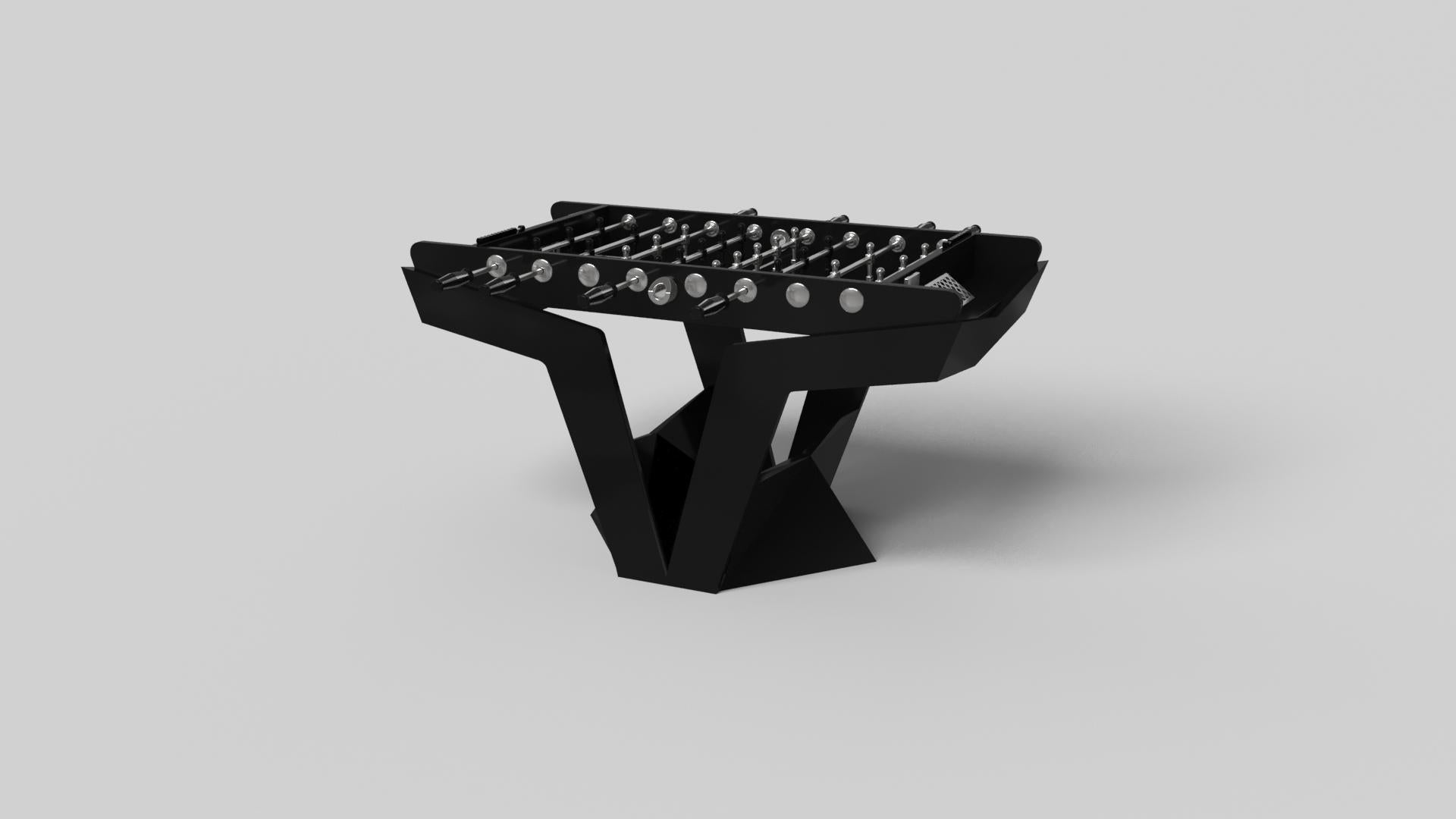 The Enzo foosball table is Inspired by the aerodynamic angles of top-of-the-line European vehicles. Designed with sleek, V-shaped lines and a thoughtful use of negative space, this table boasts an energetic sense of spirit while epitomizing the look