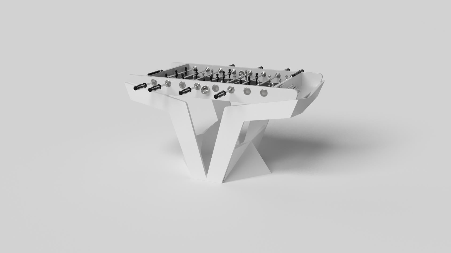 The Enzo foosball table is Inspired by the aerodynamic angles of top-of-the-line European vehicles. Designed with sleek, V-shaped lines and a thoughtful use of negative space, this table boasts an energetic sense of spirit while epitomizing the look