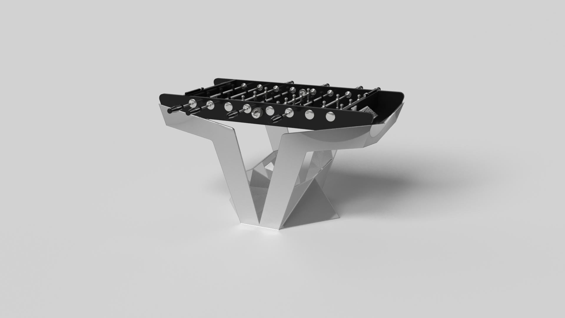 The Enzo foosball table is Inspired by the aerodynamic angles of top-of-the-line European vehicles. Designed with sleek, V-shaped lines and a thoughtful use of negative space, this table boasts an energetic sense of spirit while epitomizing the look