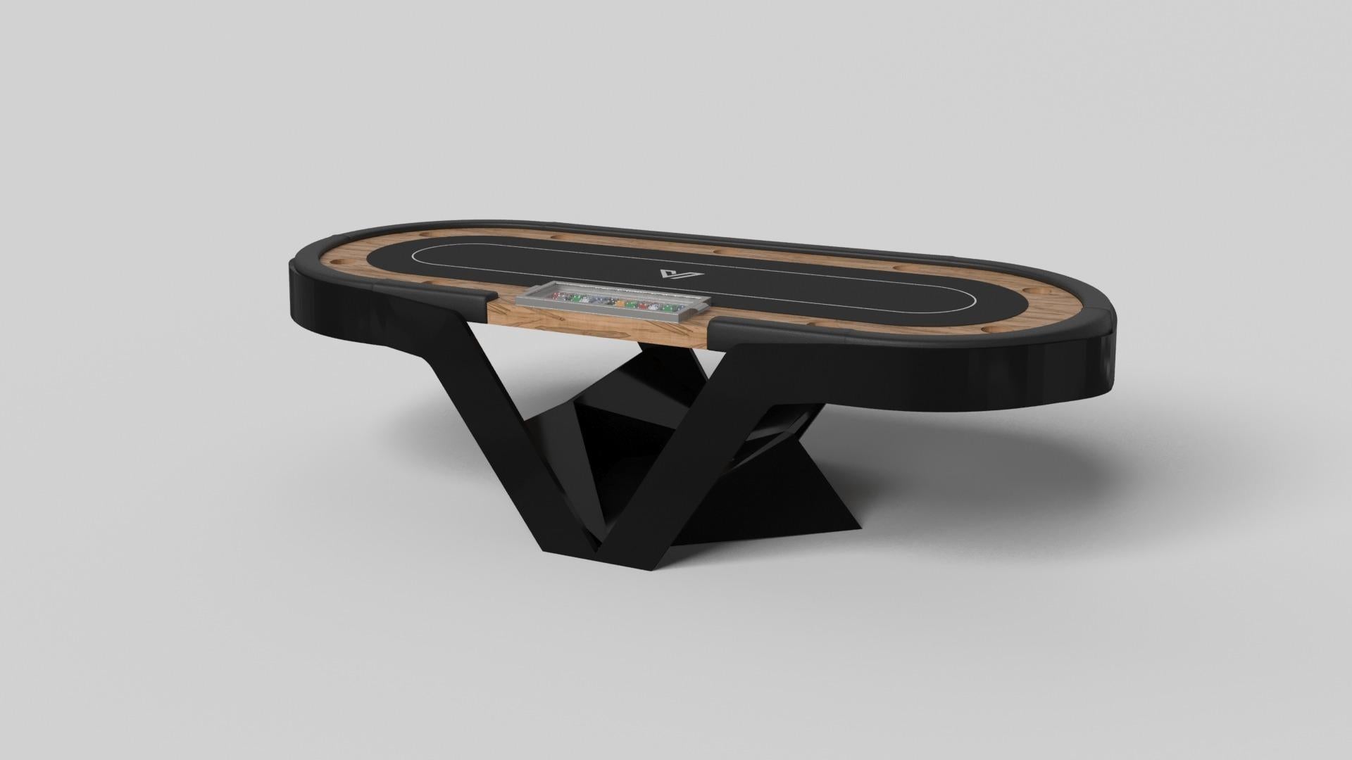 The Enzo poker table is Inspired by the aerodynamic angles of top-of-the-line European vehicles. Designed with sleek, V-shaped lines and a thoughtful use of negative space, this table boasts an energetic sense of spirit while epitomizing the look of