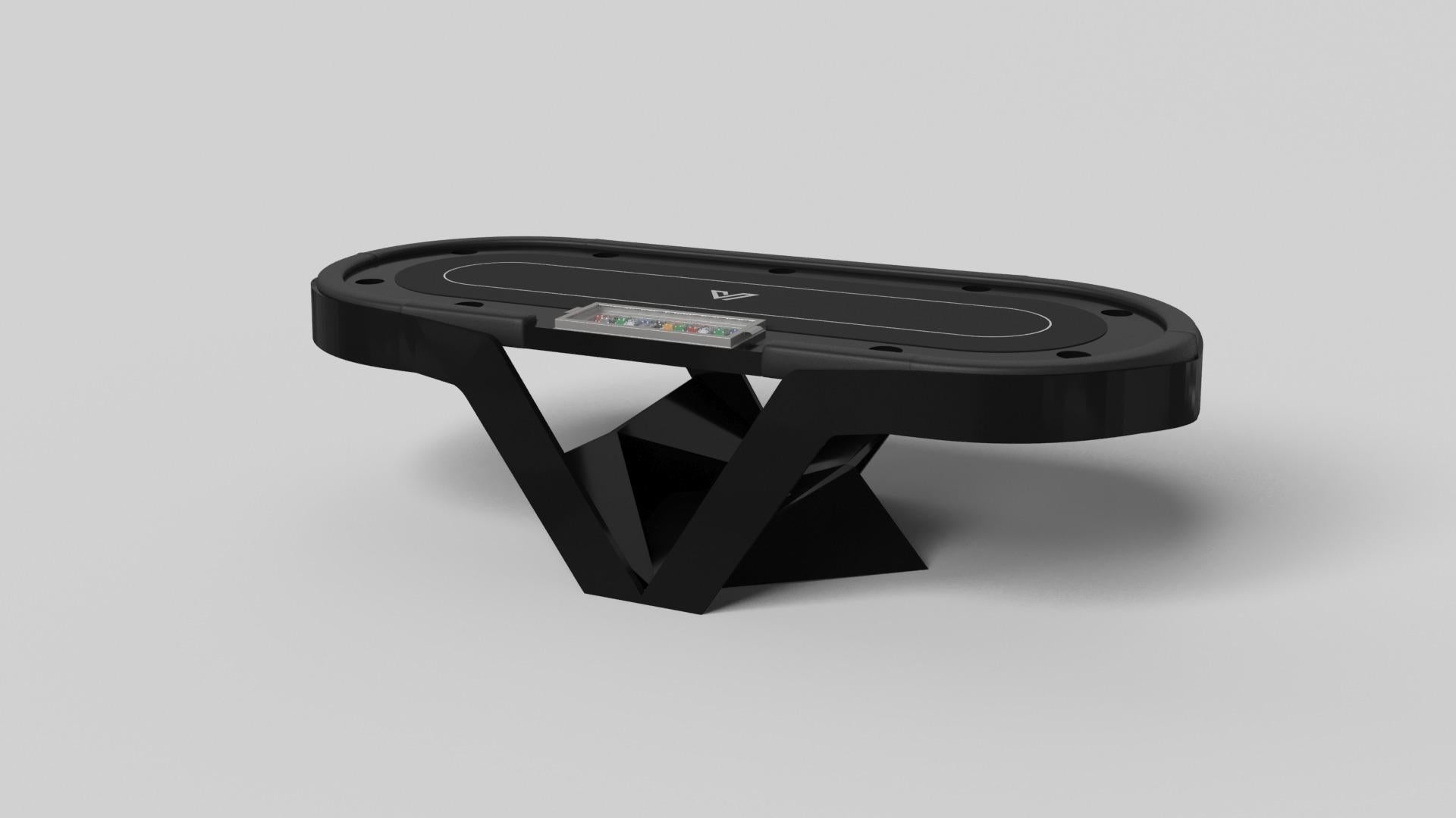 Der Enzo-Pokertisch ist von den aerodynamischen Winkeln der europäischen Spitzenfahrzeuge inspiriert. Das Design mit seinen schlanken, V-förmigen Linien und der durchdachten Nutzung des negativen Raums verleiht diesem Tisch einen energiegeladenen