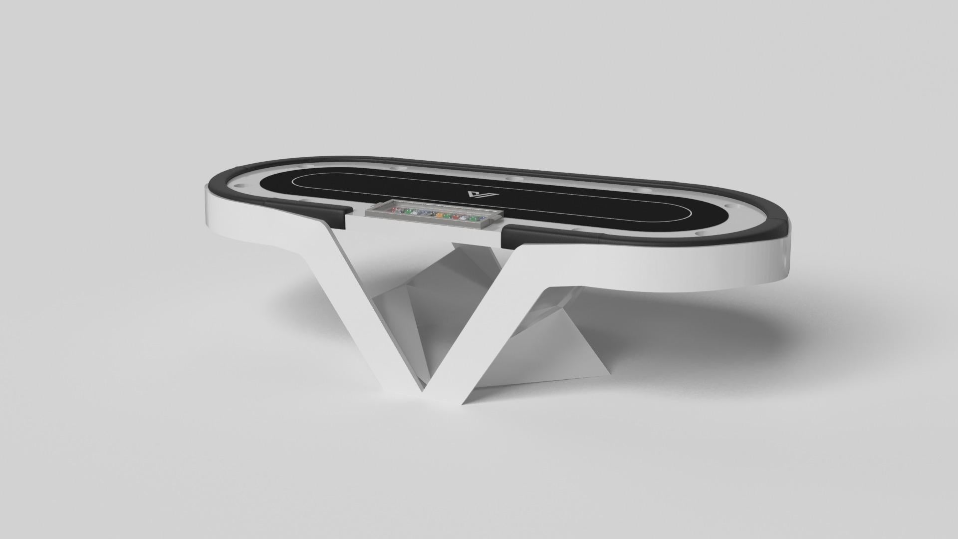 Der Enzo-Pokertisch ist von den aerodynamischen Winkeln der europäischen Spitzenfahrzeuge inspiriert. Das Design mit seinen schlanken, V-förmigen Linien und der durchdachten Nutzung des negativen Raums verleiht diesem Tisch einen energiegeladenen