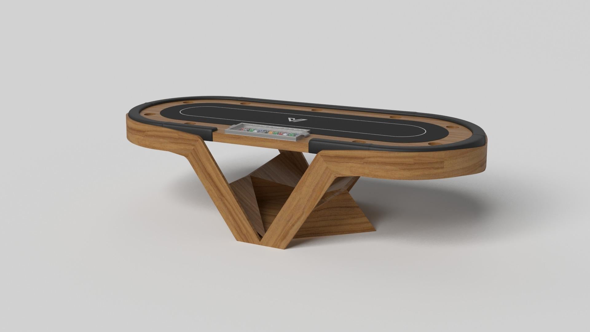 La table de poker Enzo s'inspire des angles aérodynamiques des véhicules européens haut de gamme. Conçue avec des lignes épurées en forme de V et une utilisation réfléchie de l'espace négatif, cette table affiche un esprit énergique tout en