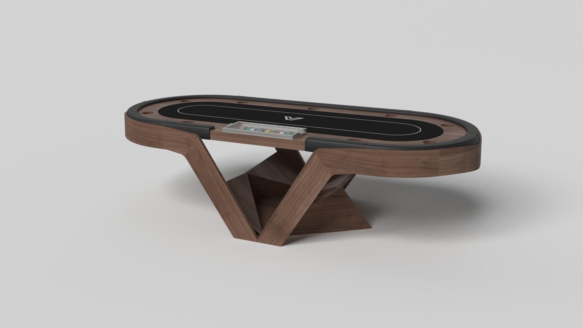 The Enzo poker table is Inspired by the aerodynamic angles of top-of-the-line European vehicles. Designed with sleek, V-shaped lines and a thoughtful use of negative space, this table boasts an energetic sense of spirit while epitomizing the look of