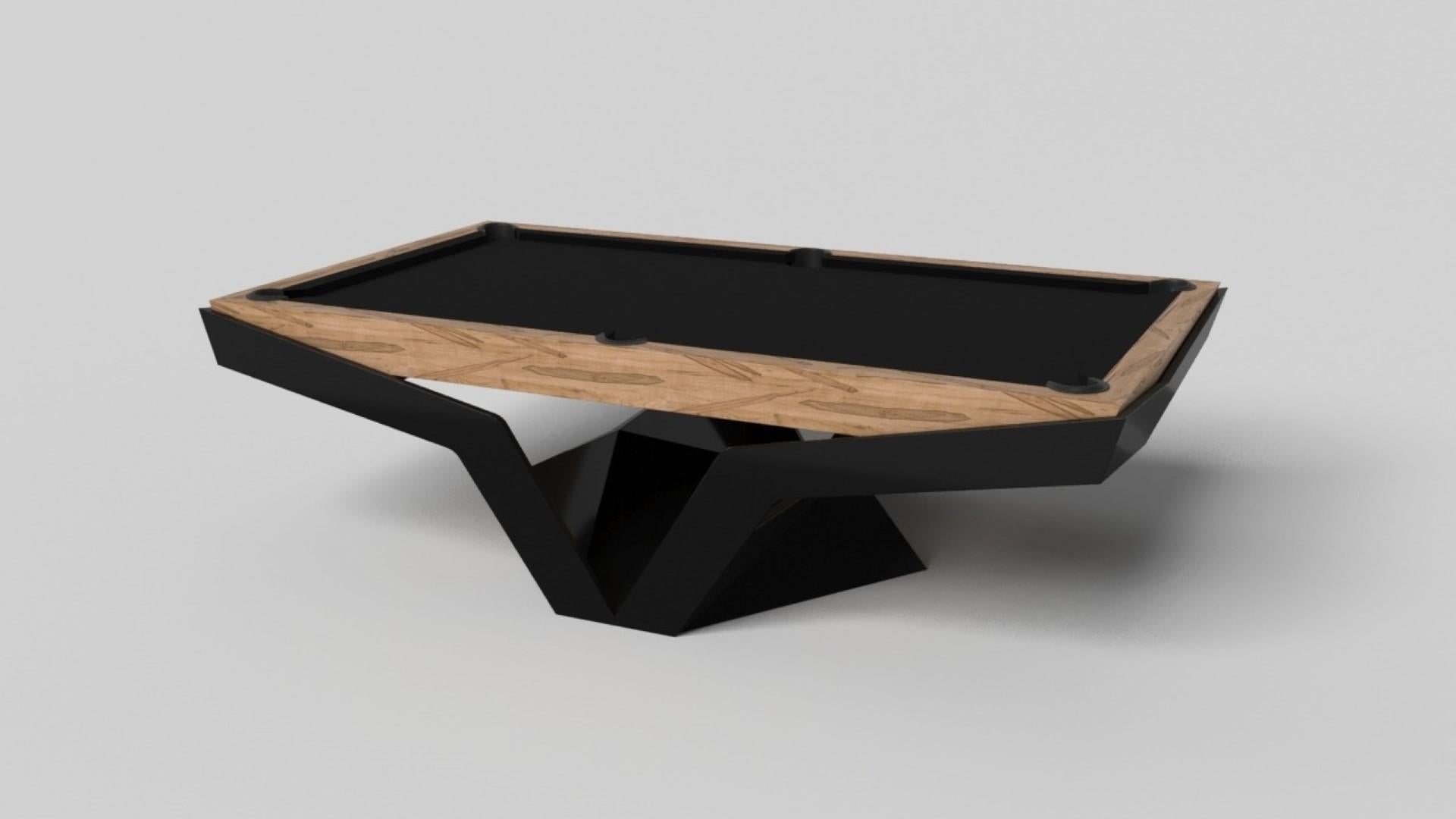 The Enzo pool table is Inspired by the aerodynamic angles of top-of-the-line European vehicles. Designed with sleek, V-shaped lines and a thoughtful use of negative space, this table boasts an energetic sense of spirit while epitomizing the look of