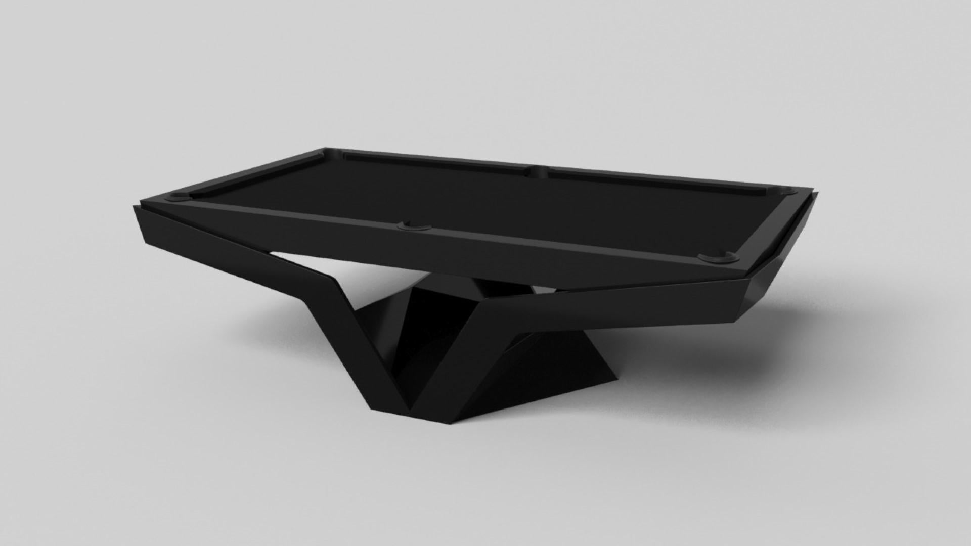 The Enzo pool table is Inspired by the aerodynamic angles of top-of-the-line European vehicles. Designed with sleek, V-shaped lines and a thoughtful use of negative space, this table boasts an energetic sense of spirit while epitomizing the look of