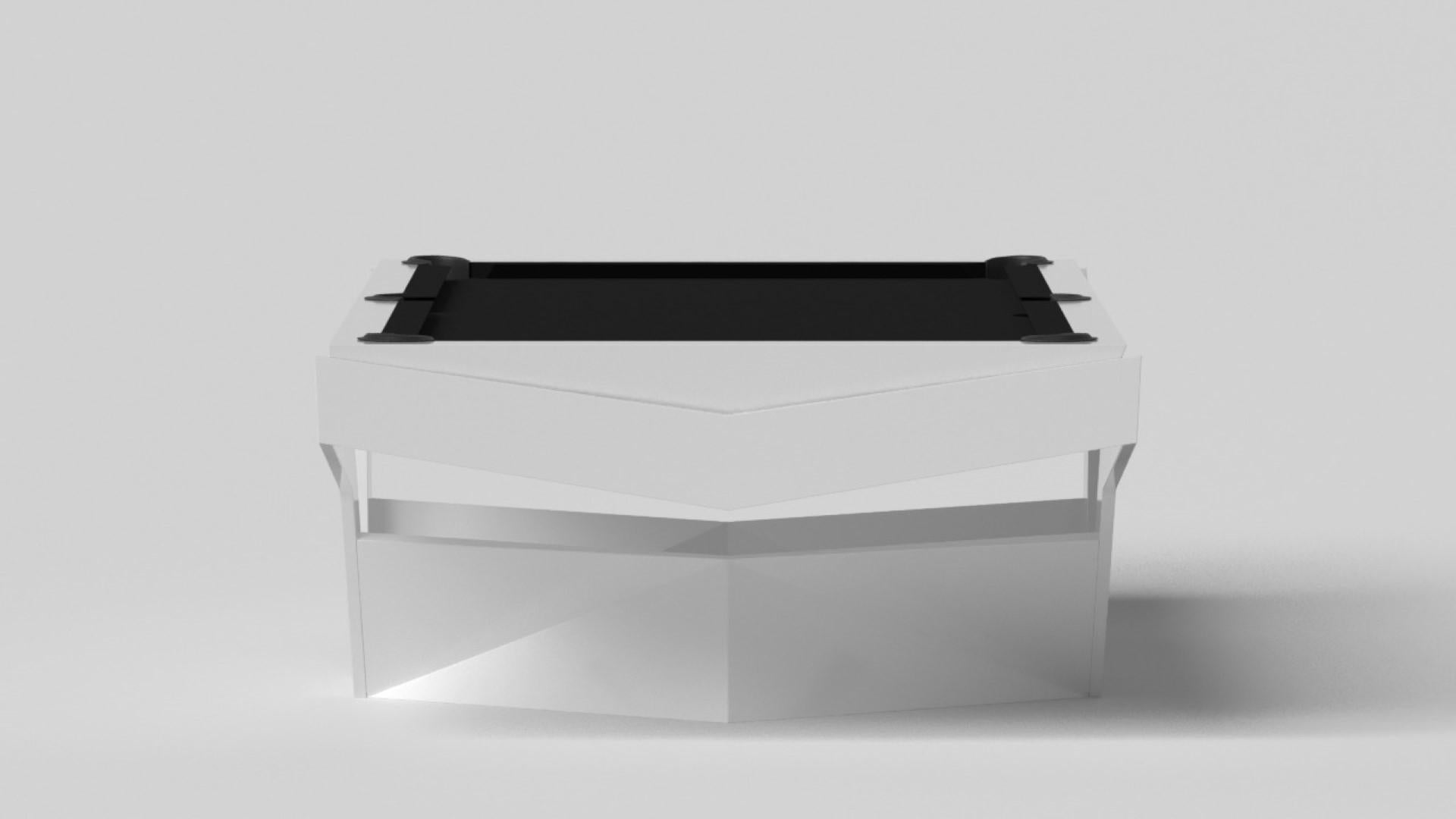 The Enzo pool table is Inspired by the aerodynamic angles of top-of-the-line European vehicles. Designed with sleek, V-shaped lines and a thoughtful use of negative space, this table boasts an energetic sense of spirit while epitomizing the look of
