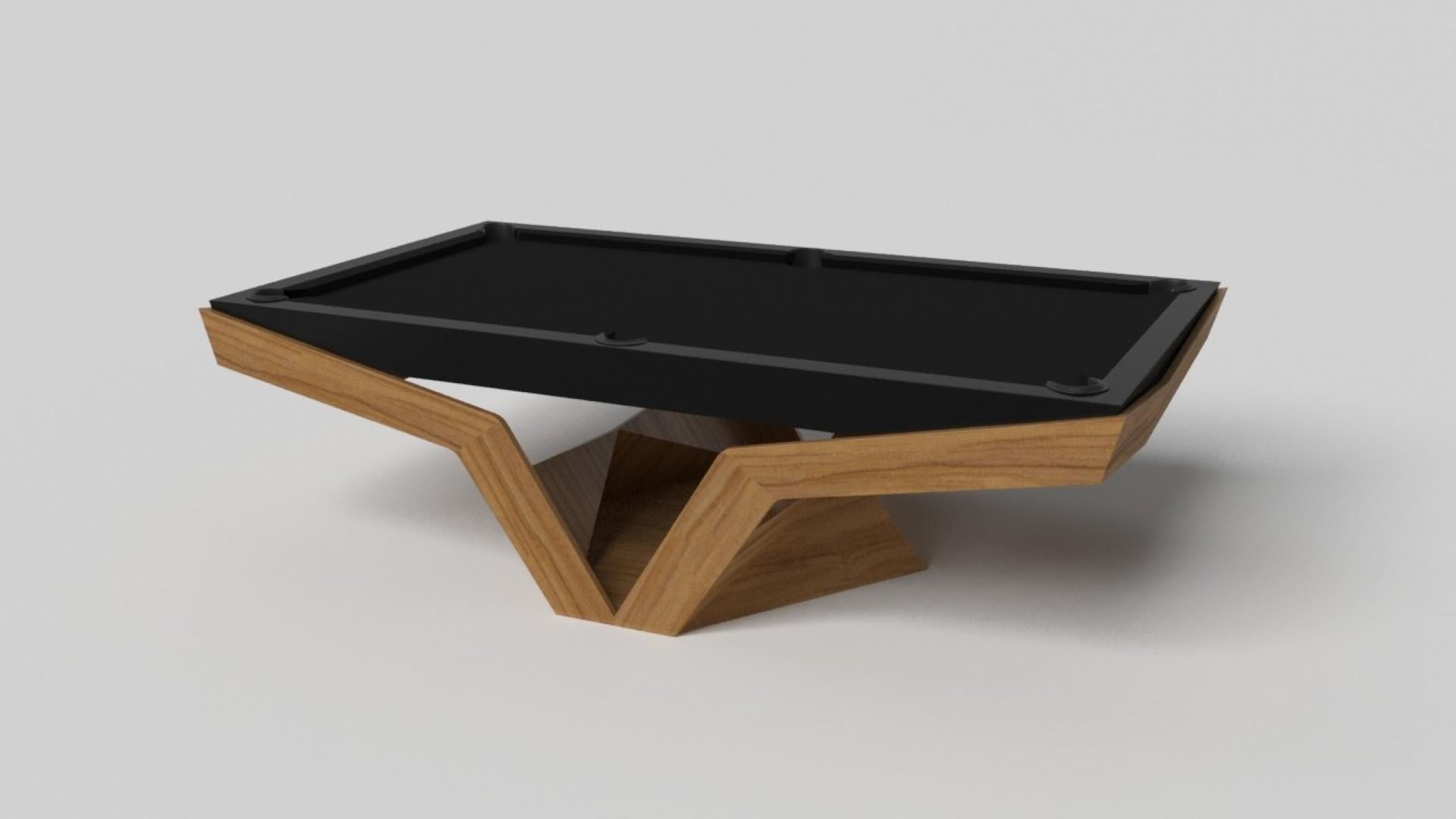 The Enzo pool table is Inspired by the aerodynamic angles of top-of-the-line European vehicles. Designed with sleek, V-shaped lines and a thoughtful use of negative space, this table boasts an energetic sense of spirit while epitomizing the look of