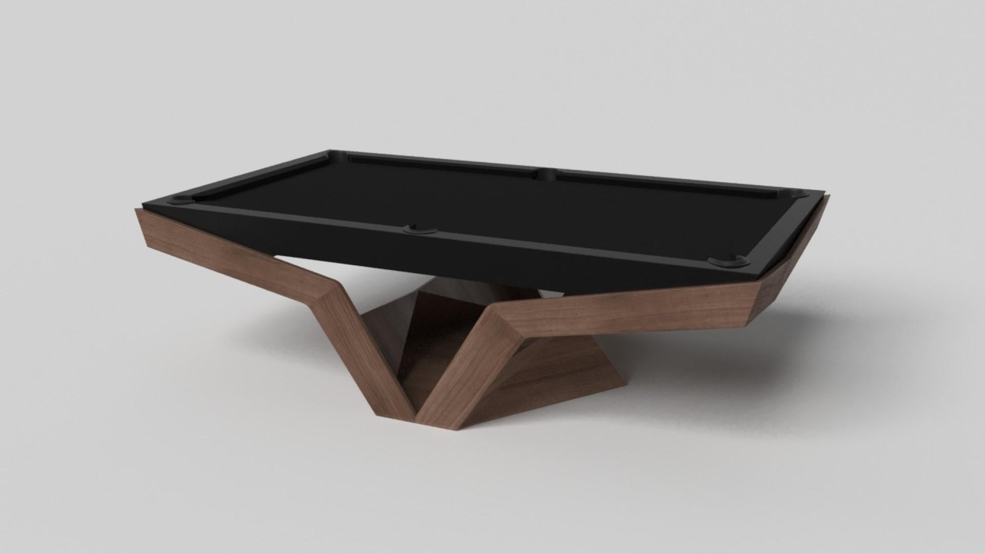 The Enzo pool table is Inspired by the aerodynamic angles of top-of-the-line European vehicles. Designed with sleek, V-shaped lines and a thoughtful use of negative space, this table boasts an energetic sense of spirit while epitomizing the look of