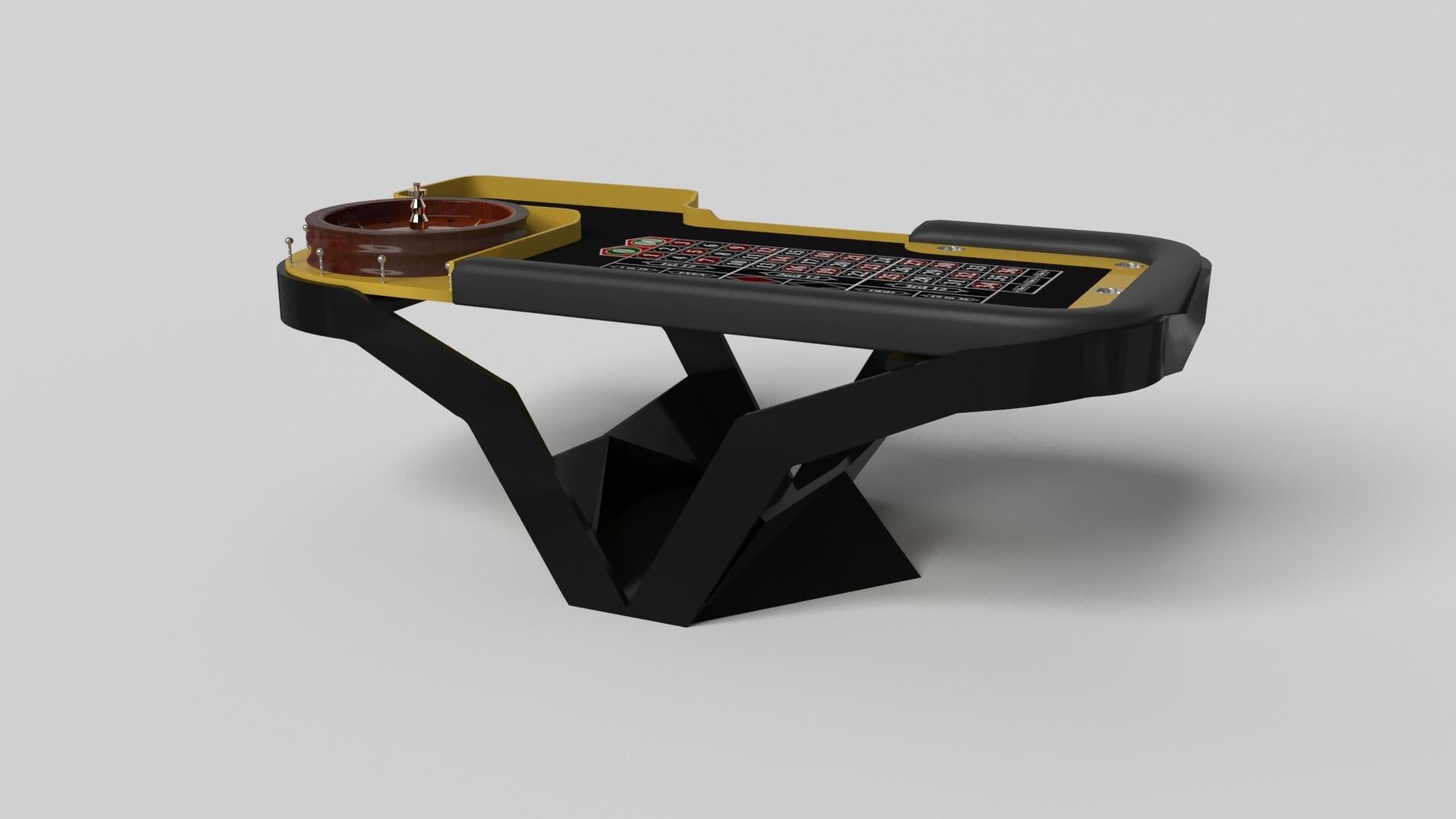 The Enzo roulette table is Inspired by the aerodynamic angles of top-of-the-line European vehicles. Designed with sleek, V-shaped lines and a thoughtful use of negative space, this table boasts an energetic sense of spirit while epitomizing the look