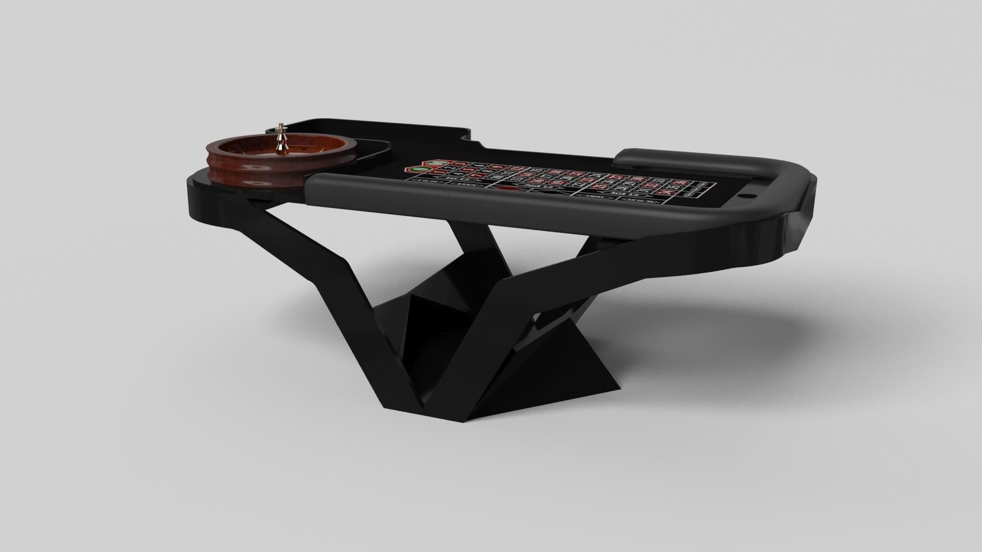 The Enzo roulette table is Inspired by the aerodynamic angles of top-of-the-line European vehicles. Designed with sleek, V-shaped lines and a thoughtful use of negative space, this table boasts an energetic sense of spirit while epitomizing the look