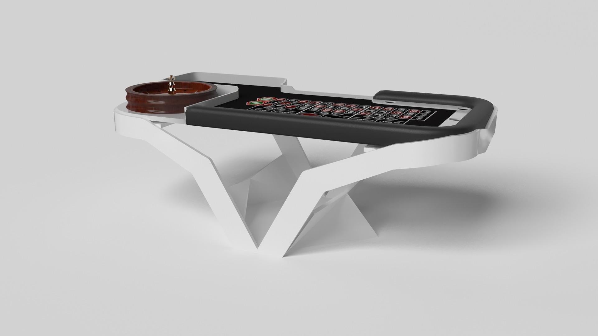 The Enzo roulette table is Inspired by the aerodynamic angles of top-of-the-line European vehicles. Designed with sleek, V-shaped lines and a thoughtful use of negative space, this table boasts an energetic sense of spirit while epitomizing the look