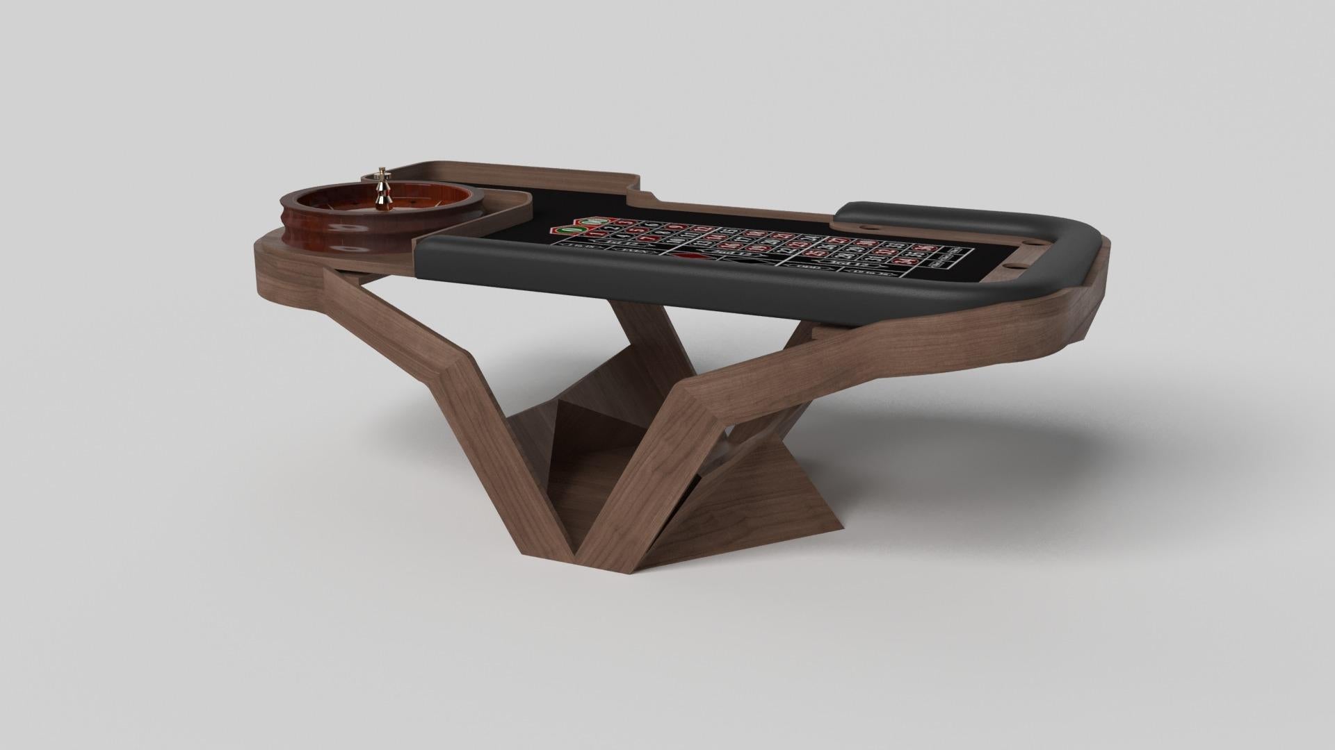 The Enzo roulette table is Inspired by the aerodynamic angles of top-of-the-line European vehicles. Designed with sleek, V-shaped lines and a thoughtful use of negative space, this table boasts an energetic sense of spirit while epitomizing the look