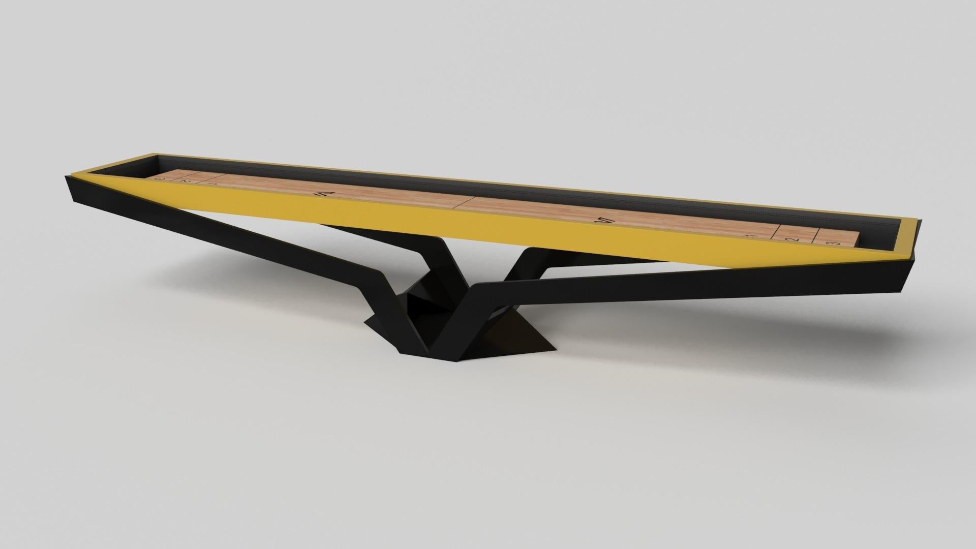 The Enzo shuffleboard table is Inspired by the aerodynamic angles of top-of-the-line European vehicles. Designed with sleek, V-shaped lines and a thoughtful use of negative space, this table boasts an energetic sense of spirit while epitomizing the