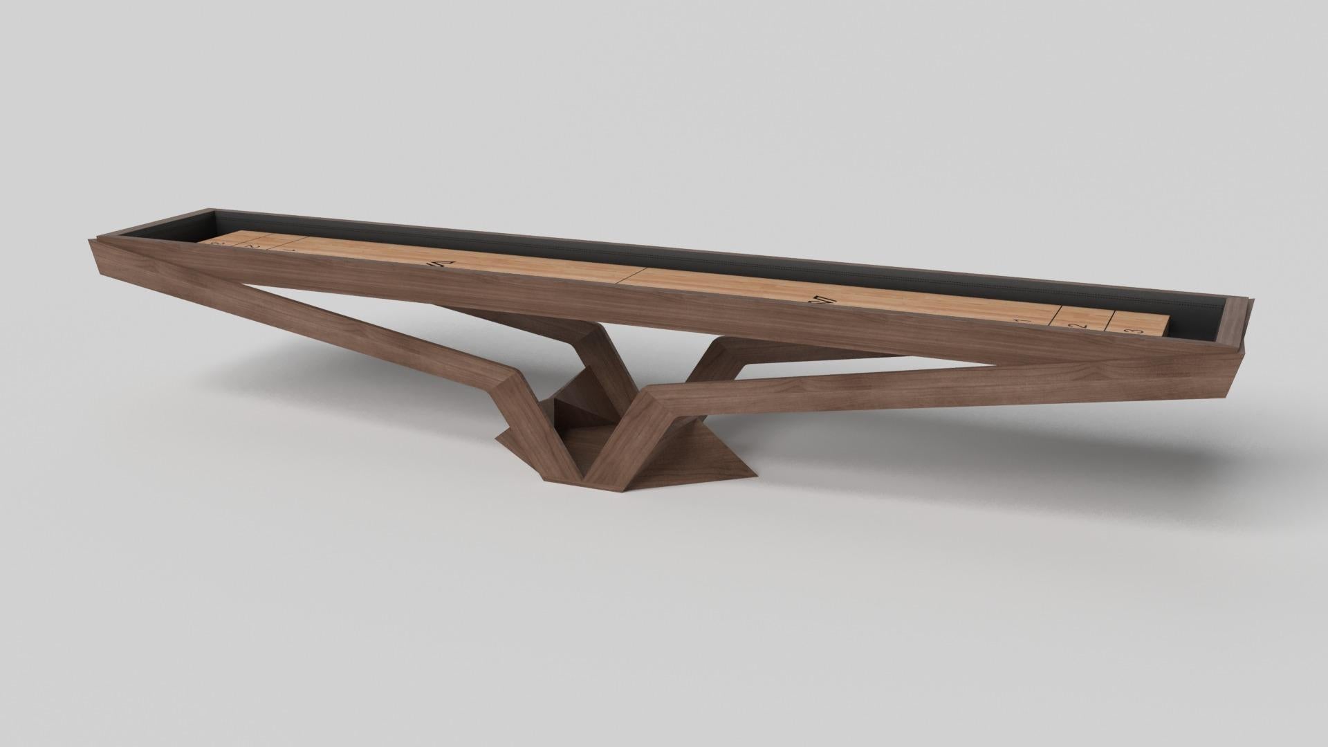 The Enzo shuffleboard table is Inspired by the aerodynamic angles of top-of-the-line European vehicles. Designed with sleek, V-shaped lines and a thoughtful use of negative space, this table boasts an energetic sense of spirit while epitomizing the