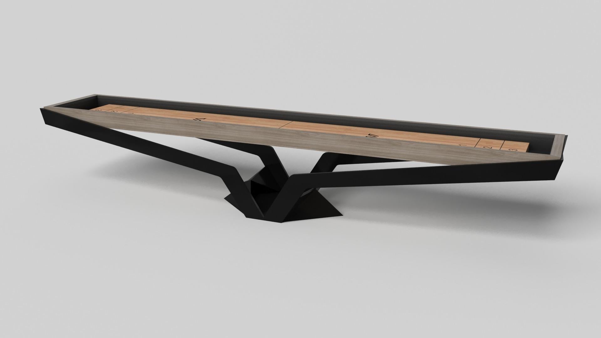 The Enzo shuffleboard table is Inspired by the aerodynamic angles of top-of-the-line European vehicles. Designed with sleek, V-shaped lines and a thoughtful use of negative space, this table boasts an energetic sense of spirit while epitomizing the