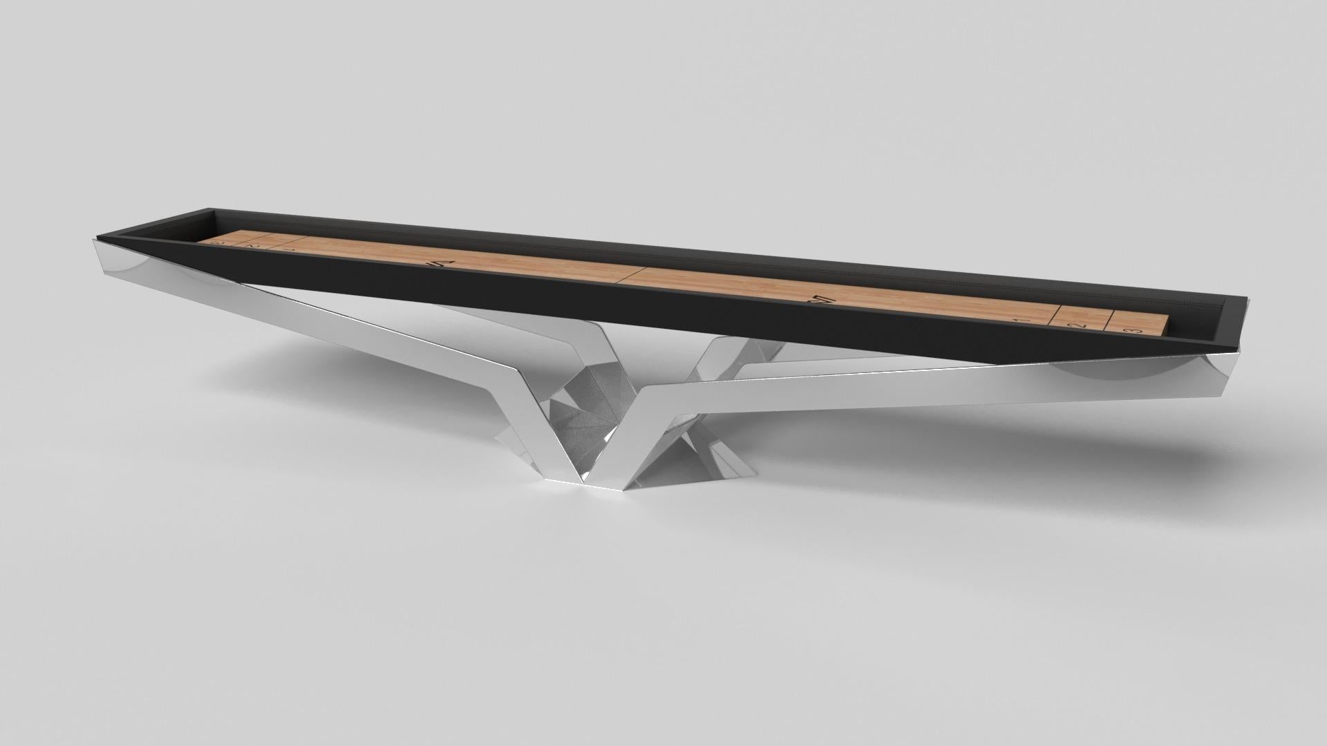 The Enzo shuffleboard table is Inspired by the aerodynamic angles of top-of-the-line European vehicles. Designed with sleek, V-shaped lines and a thoughtful use of negative space, this table boasts an energetic sense of spirit while epitomizing the