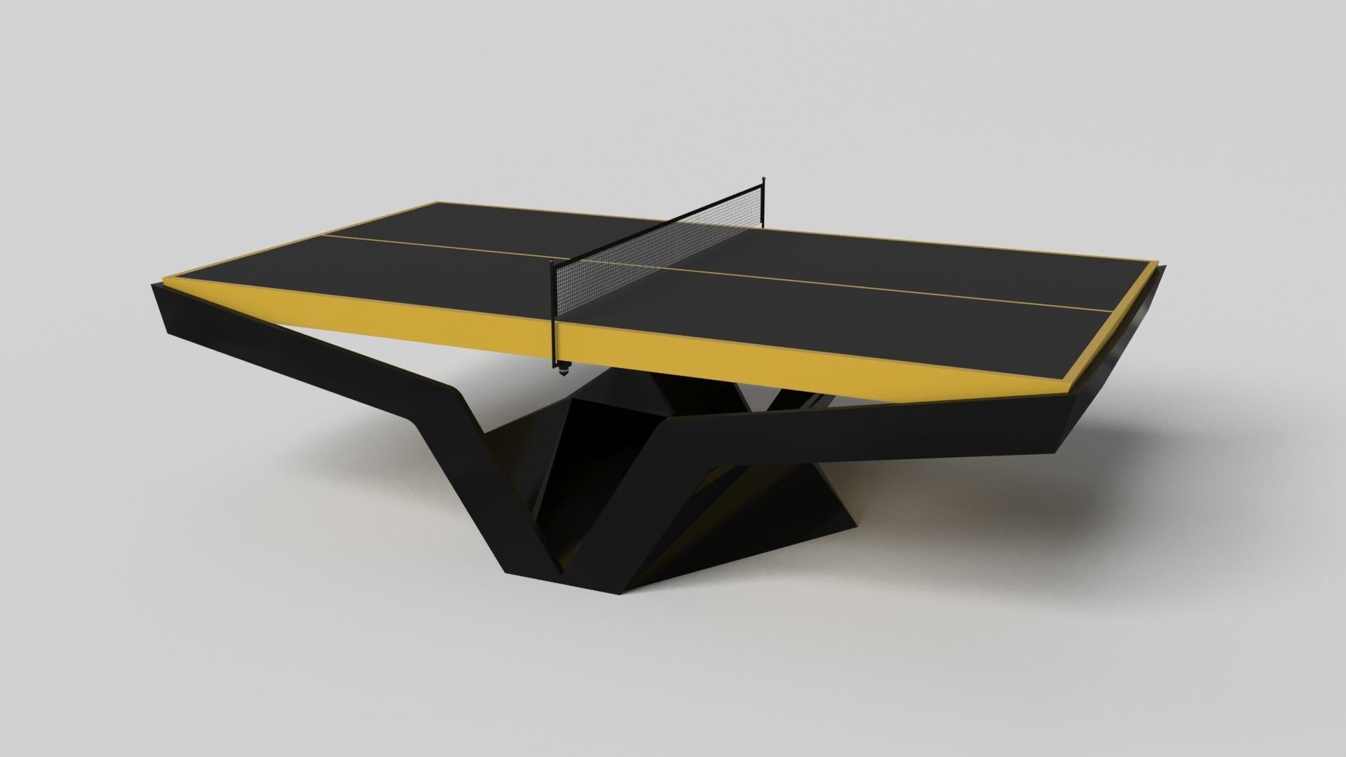 The Enzo table tennis table is Inspired by the aerodynamic angles of top-of-the-line European vehicles. Designed with sleek, V-shaped lines and a thoughtful use of negative space, this table boasts an energetic sense of spirit while epitomizing the