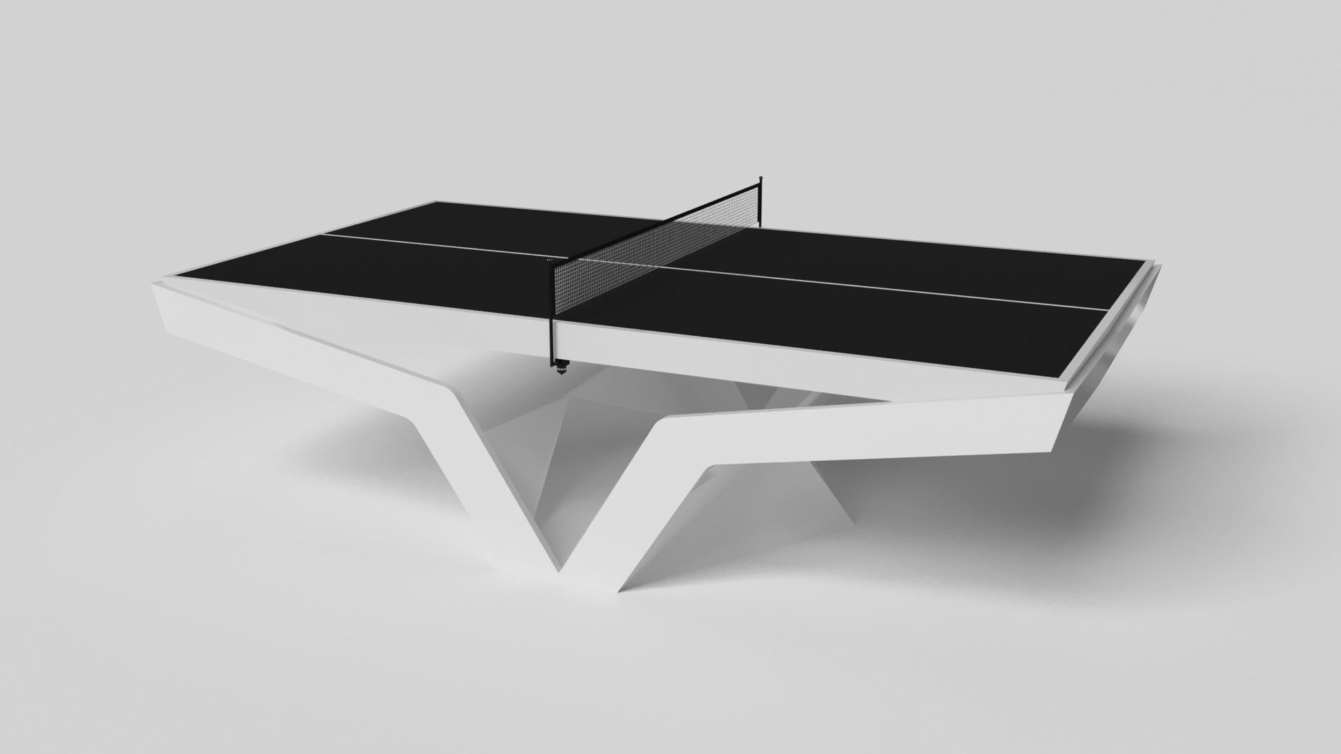 The Enzo table tennis table is Inspired by the aerodynamic angles of top-of-the-line European vehicles. Designed with sleek, V-shaped lines and a thoughtful use of negative space, this table boasts an energetic sense of spirit while epitomizing the