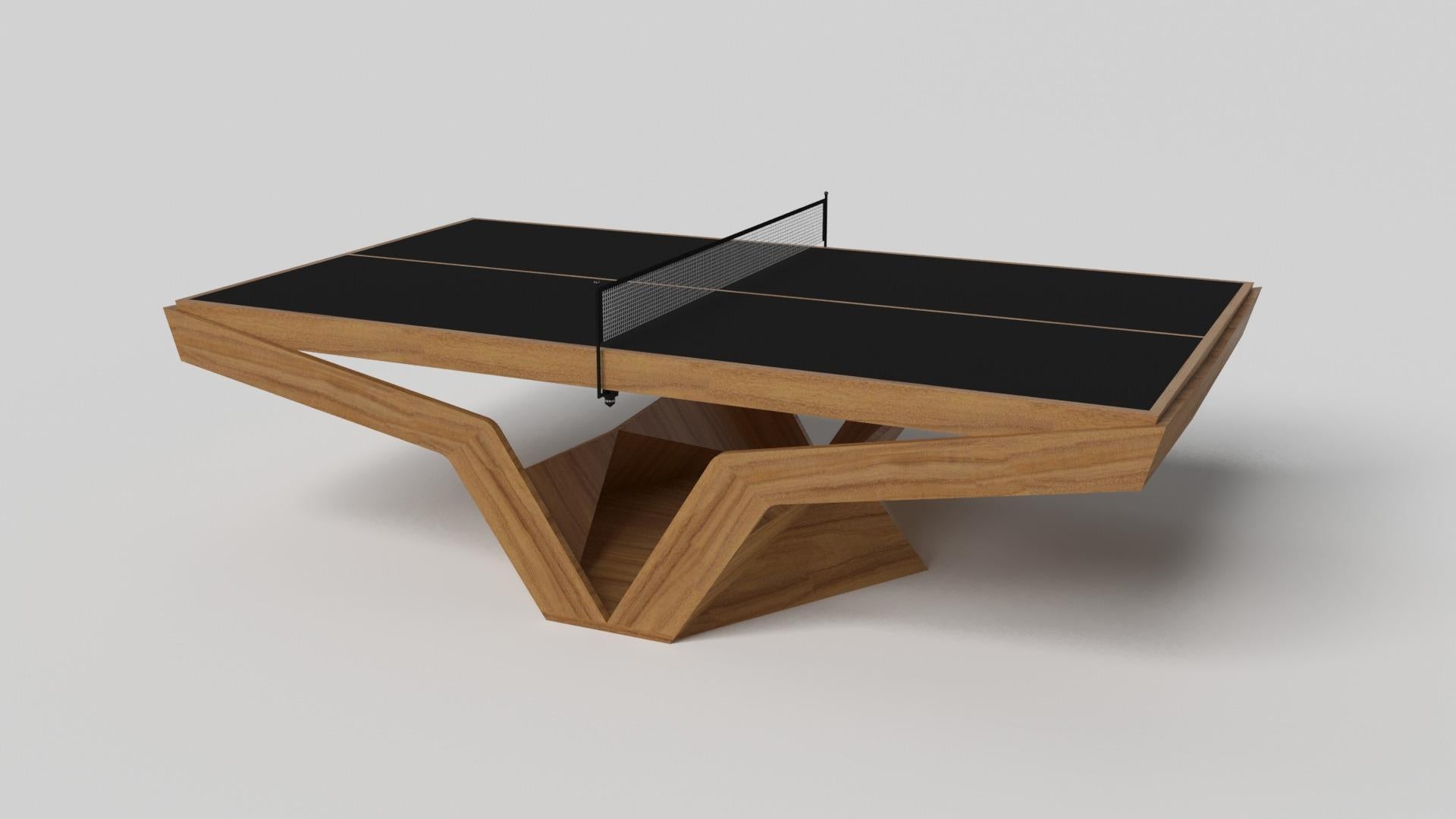 The Enzo table tennis table is Inspired by the aerodynamic angles of top-of-the-line European vehicles. Designed with sleek, V-shaped lines and a thoughtful use of negative space, this table boasts an energetic sense of spirit while epitomizing the