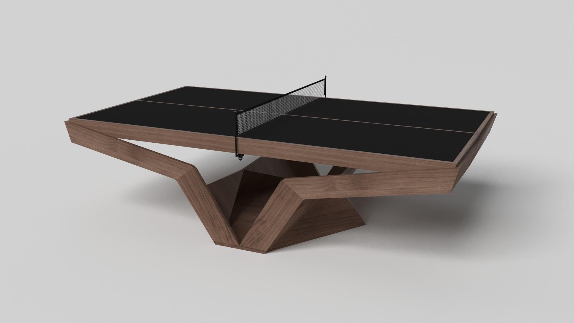 The Enzo table tennis table is Inspired by the aerodynamic angles of top-of-the-line European vehicles. Designed with sleek, V-shaped lines and a thoughtful use of negative space, this table boasts an energetic sense of spirit while epitomizing the