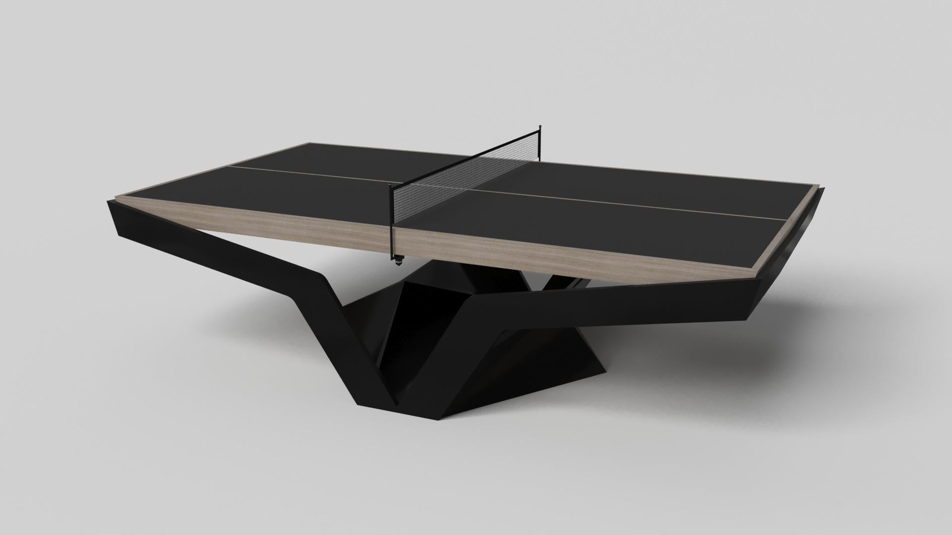 The Enzo table tennis table is Inspired by the aerodynamic angles of top-of-the-line European vehicles. Designed with sleek, V-shaped lines and a thoughtful use of negative space, this table boasts an energetic sense of spirit while epitomizing the