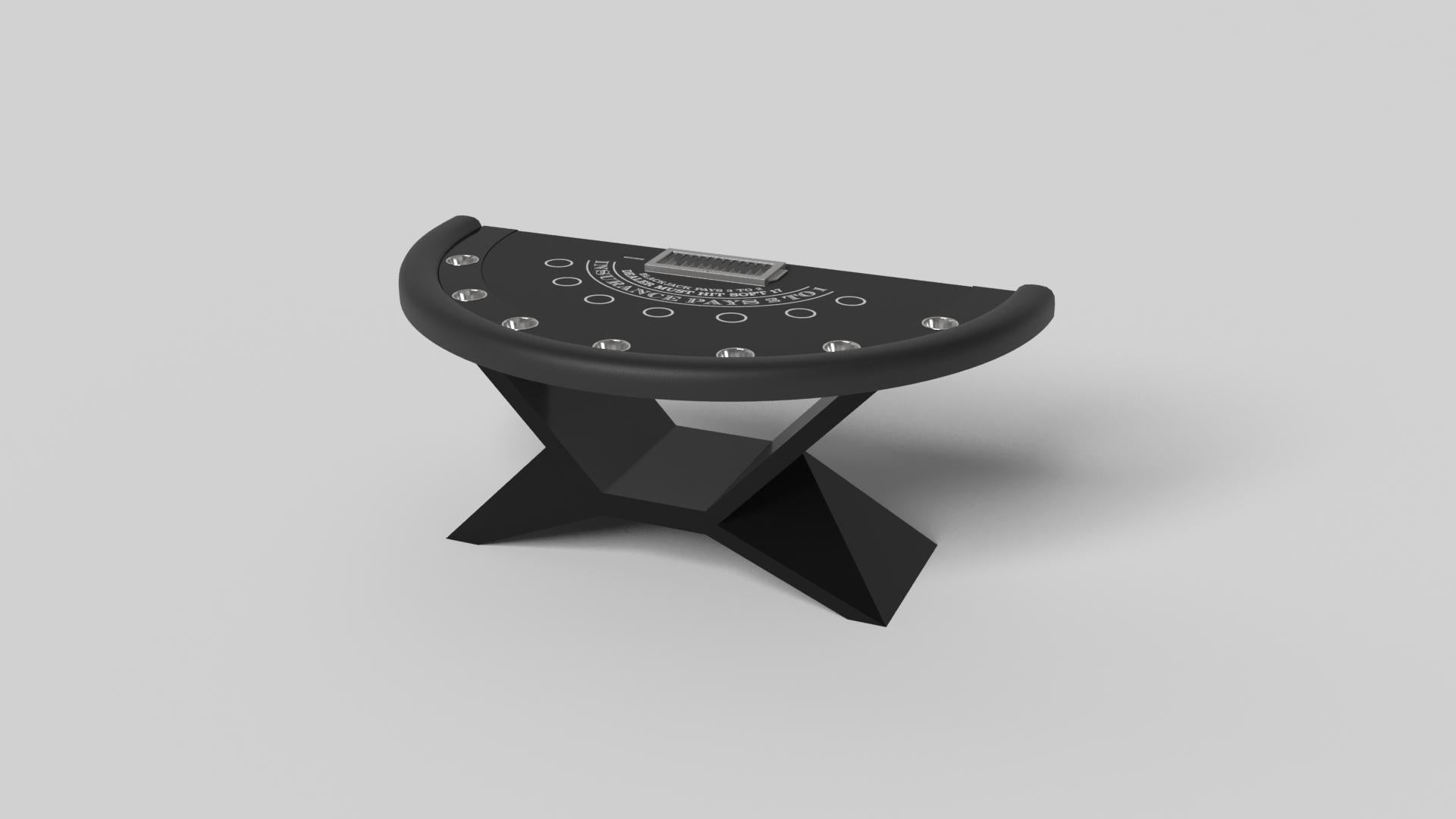 In chrome metal, the Kors blackjack table is a superior example of contrasting geometric forms. This table features an angular base that highlights the beauty of negative space from the front view. From the side view, it offers a completely