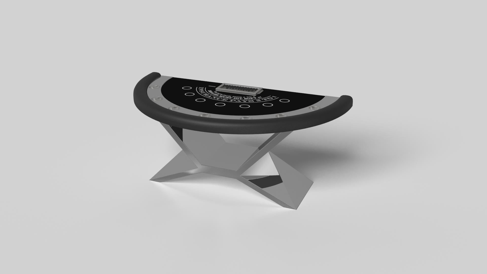 In chrome metal, the Kors blackjack table is a superior example of contrasting geometric forms. This table features an angular base that highlights the beauty of negative space from the front view. From the side view, it offers a completely