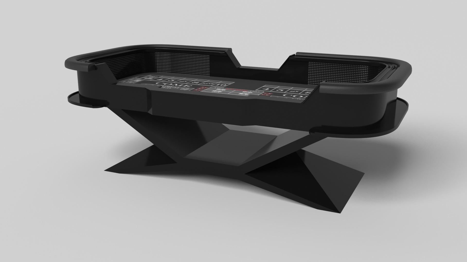 En métal chromé, la table de craps Kors est un exemple supérieur de formes géométriques contrastées. Cette table présente une base angulaire qui met en valeur la beauté de l'espace négatif vu de face. Vu de côté, il offre une perspective