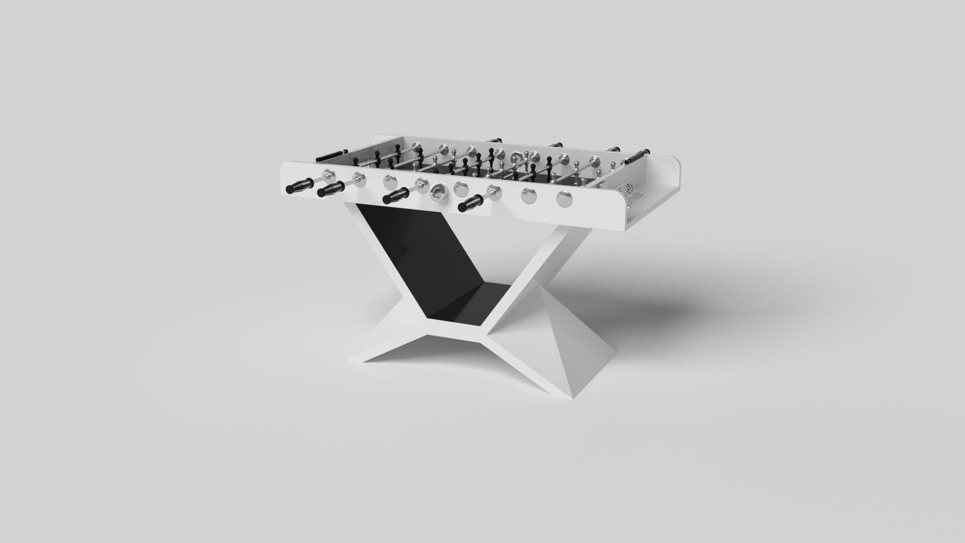 In chrome, the Kors foosball table is a superior example of contrasting geometric forms. This table features an angular base that highlights the beauty of negative space from the front view. From the side view, it offers a completely different