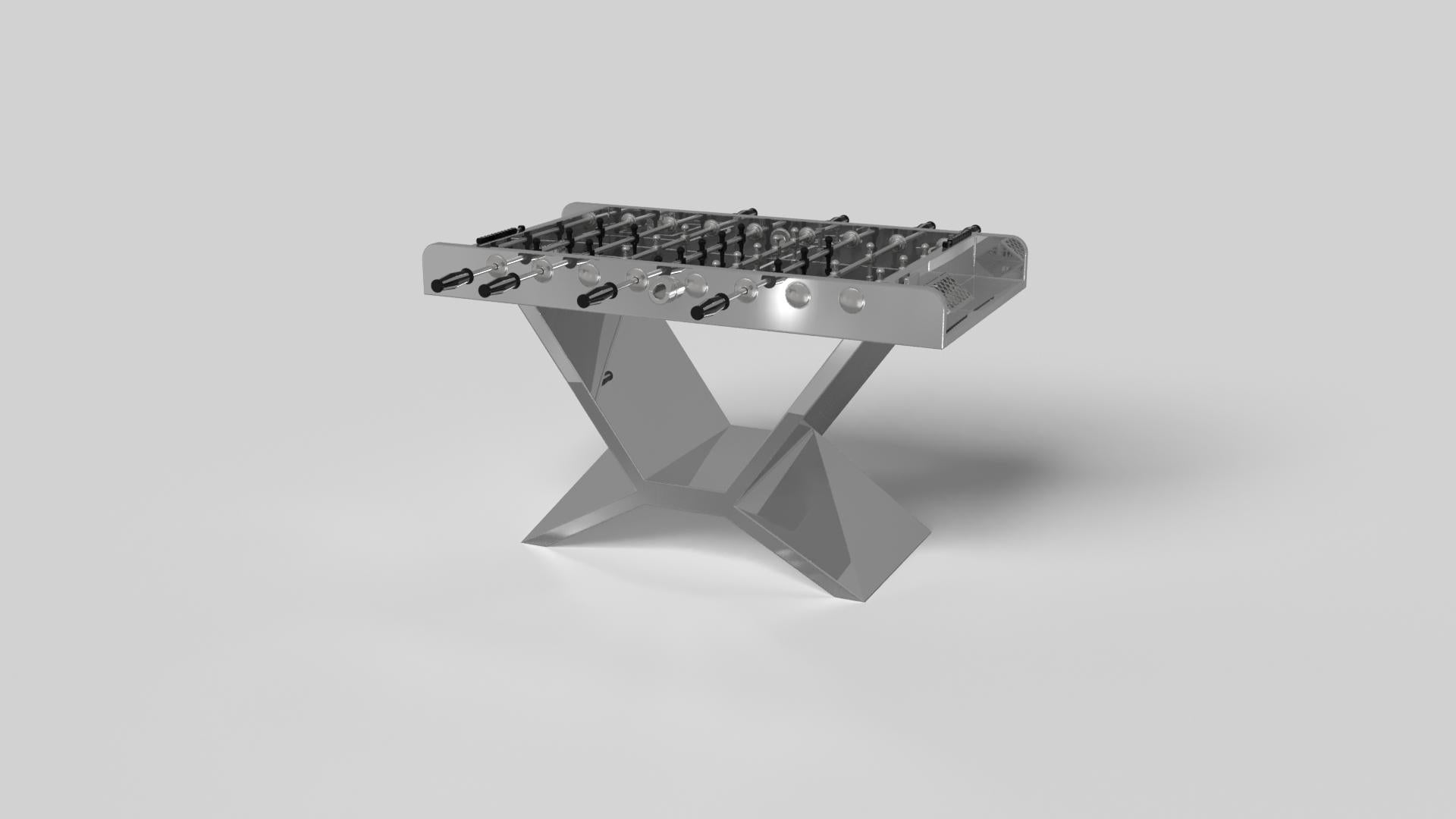 En chrome, le baby-foot Kors est un excellent exemple de formes géométriques contrastées. Cette table présente une base angulaire qui met en valeur la beauté de l'espace négatif vu de face. Vu de côté, il offre une perspective complètement