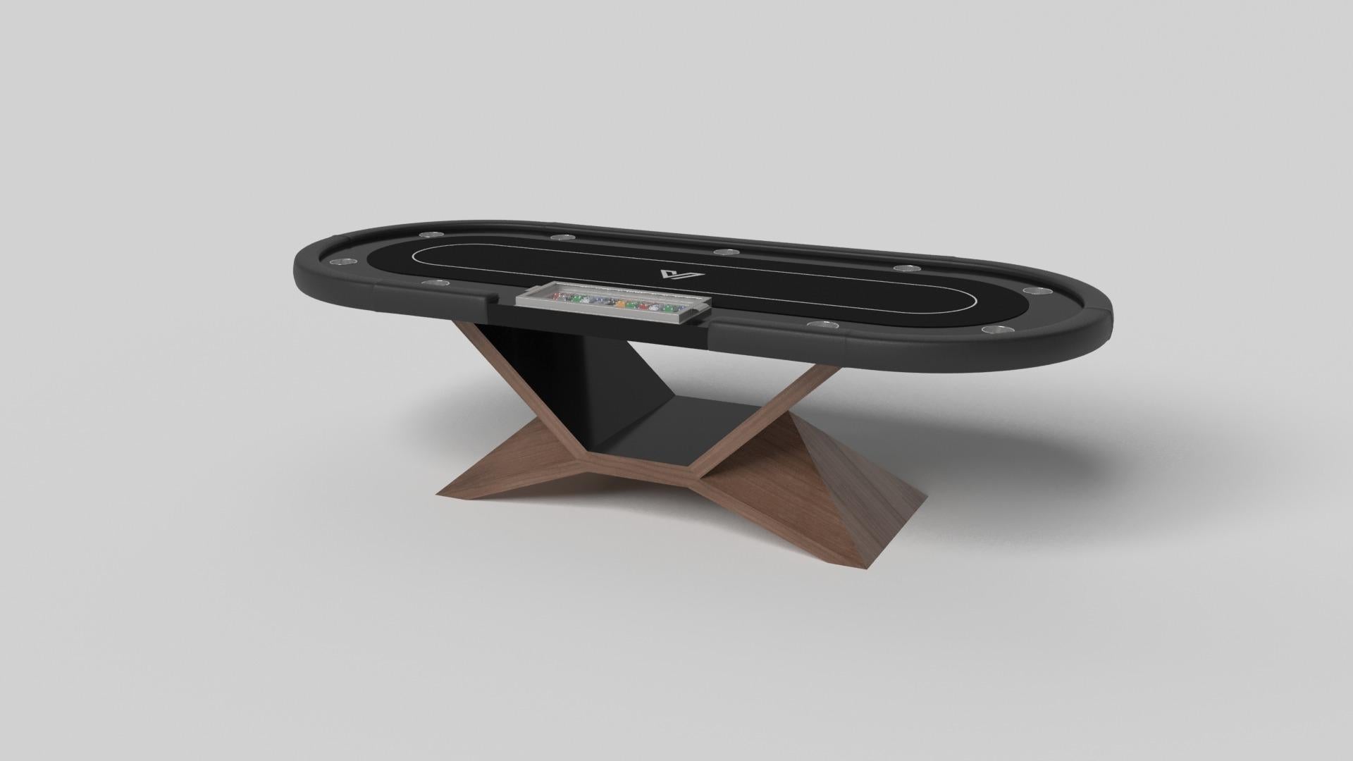 In chrome, the Kors poker table is a superior example of contrasting geometric forms. This table features an angular base that highlights the beauty of negative space from the front view. From the side view, it offers a completely different