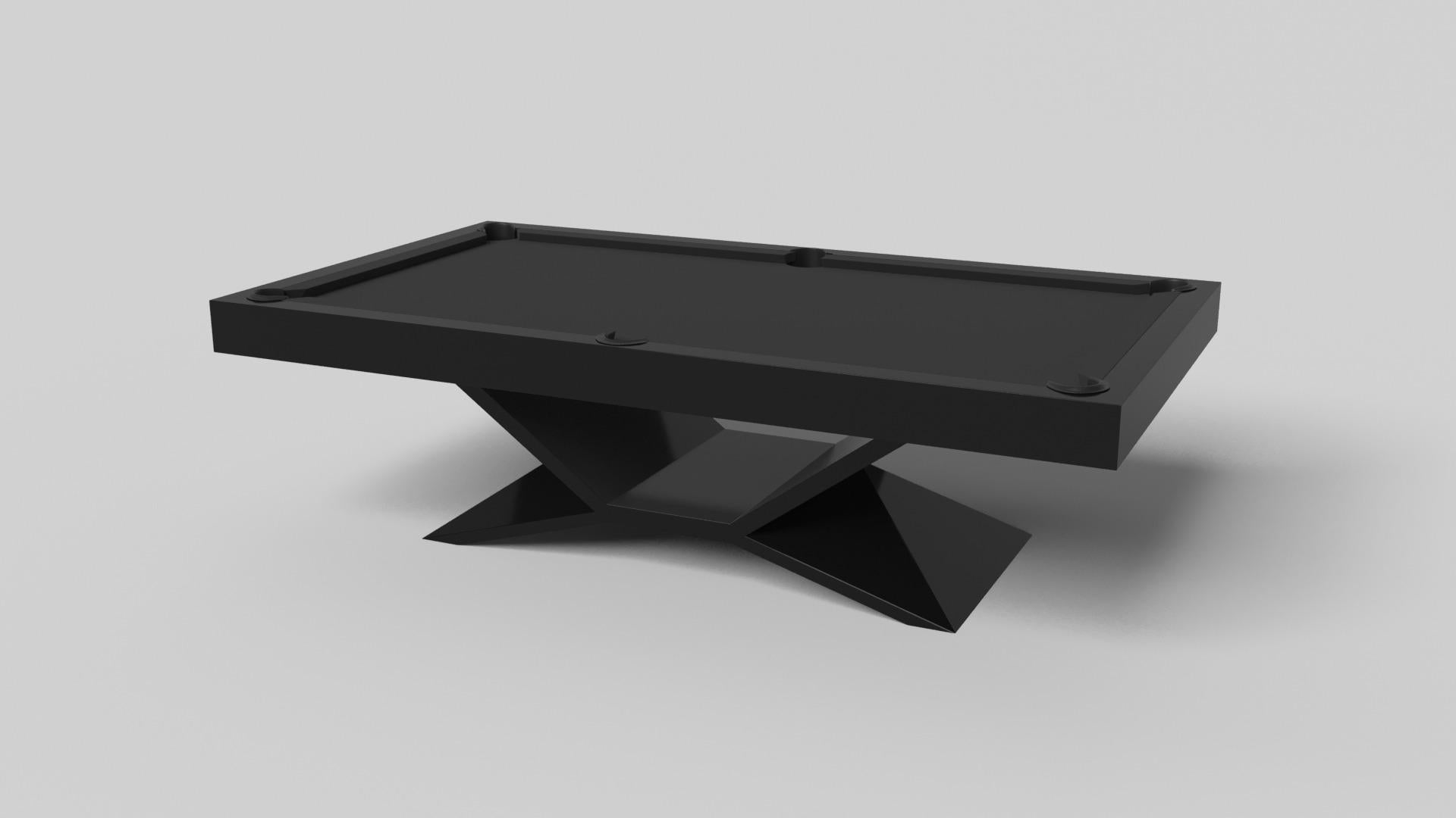 In chrome, the Kors pool table is a superior example of contrasting geometric forms. This table features an angular base that highlights the beauty of negative space from the front view. From the side view, it offers a completely different