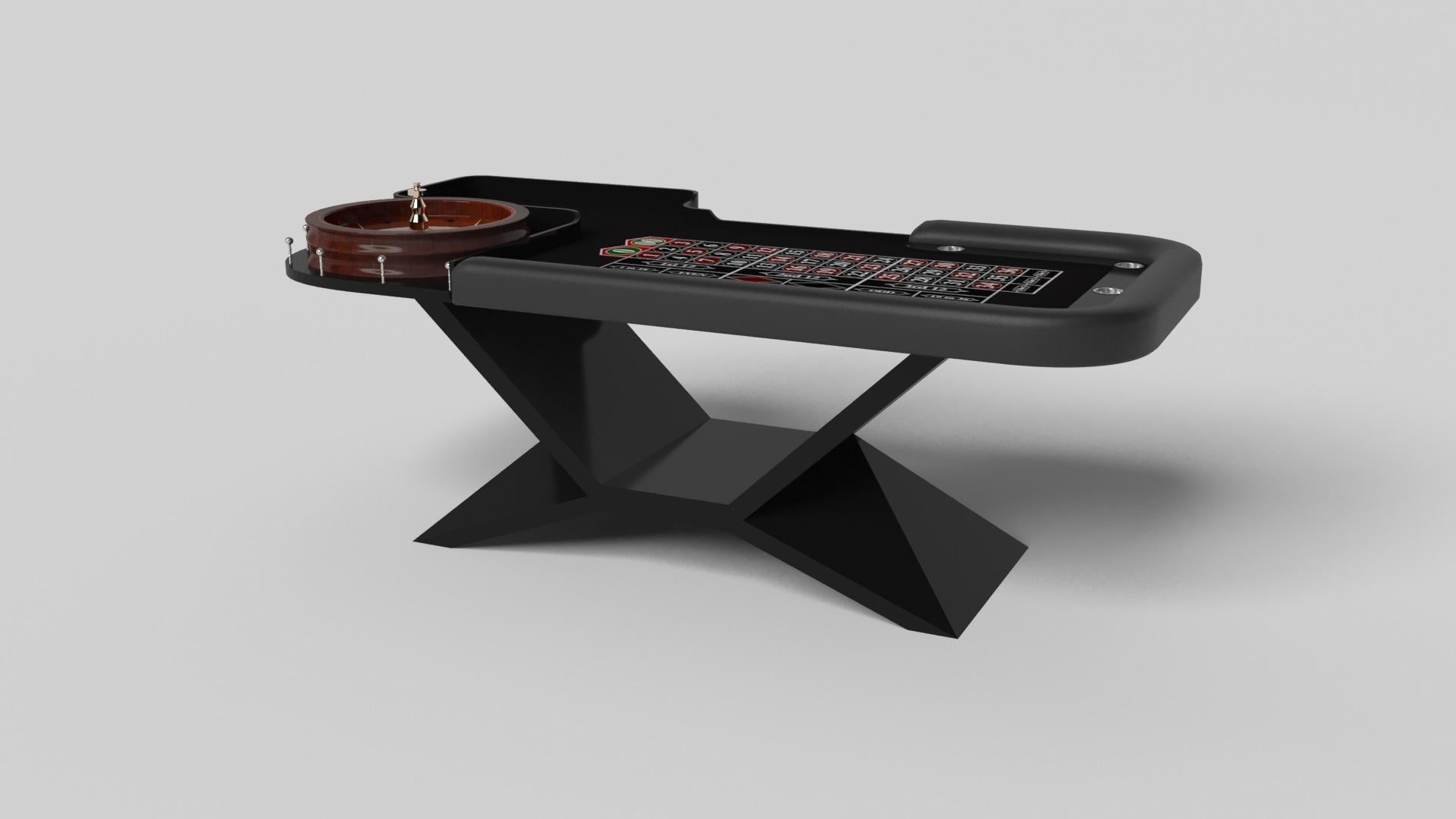 In chrome metal, the Kors roulette table is a superior example of contrasting geometric forms. This table features an angular base that highlights the beauty of negative space from the front view. From the side view, it offers a completely different