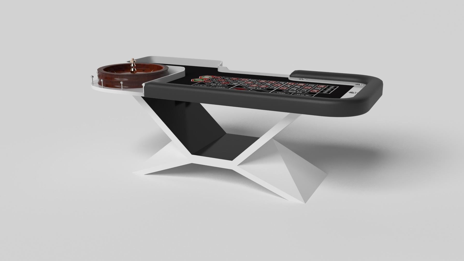 In chrome metal, the Kors roulette table is a superior example of contrasting geometric forms. This table features an angular base that highlights the beauty of negative space from the front view. From the side view, it offers a completely different