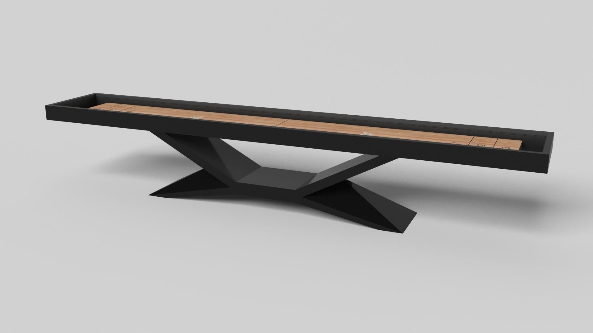 In chrome, the Kors shuffleboard table is a superior example of contrasting geometric forms. This table features an angular base that highlights the beauty of negative space from the front view. From the side view, it offers a completely different