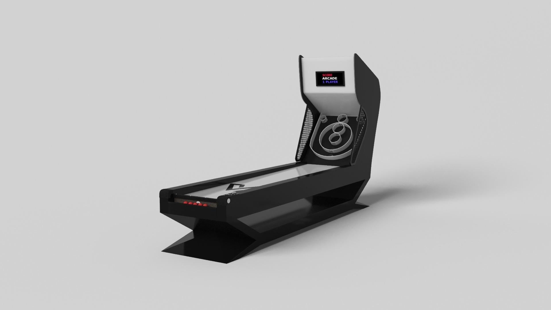 Le jeu de skeeball de Kors est un excellent exemple de formes géométriques contrastées. Cette table présente une base angulaire qui met en valeur la beauté de l'espace négatif vu de face. Vu de côté, il offre une perspective complètement différente