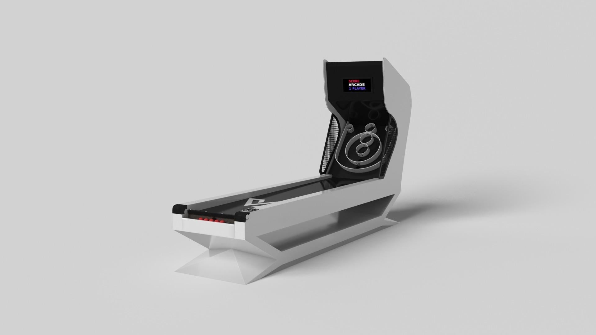 The Kors skeeball game is a superior example of contrasting geometric forms. This table features an angular base that highlights the beauty of negative space from the front view. From the side view, it offers a completely different perspective with