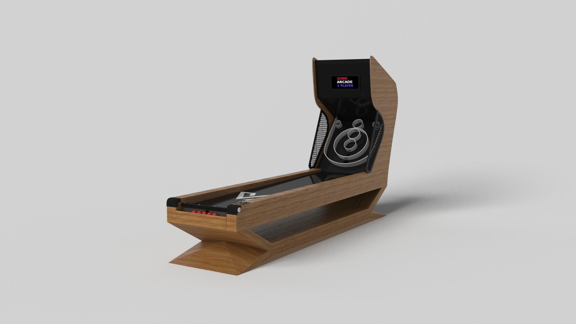 Le jeu de skeeball de Kors est un excellent exemple de formes géométriques contrastées. Cette table présente une base angulaire qui met en valeur la beauté de l'espace négatif vu de face. Vu de côté, il offre une perspective complètement différente