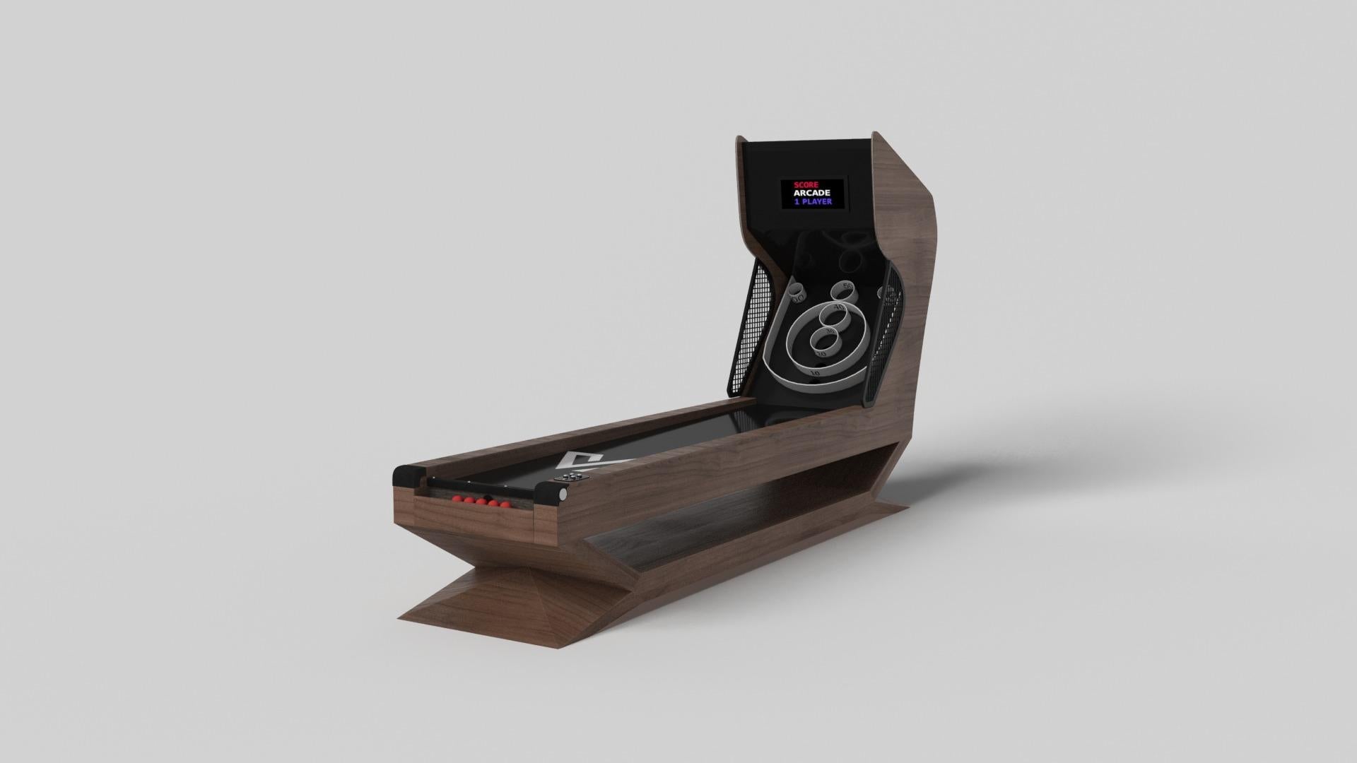 Le jeu de skeeball de Kors est un excellent exemple de formes géométriques contrastées. Cette table présente une base angulaire qui met en valeur la beauté de l'espace négatif vu de face. Vu de côté, il offre une perspective complètement différente