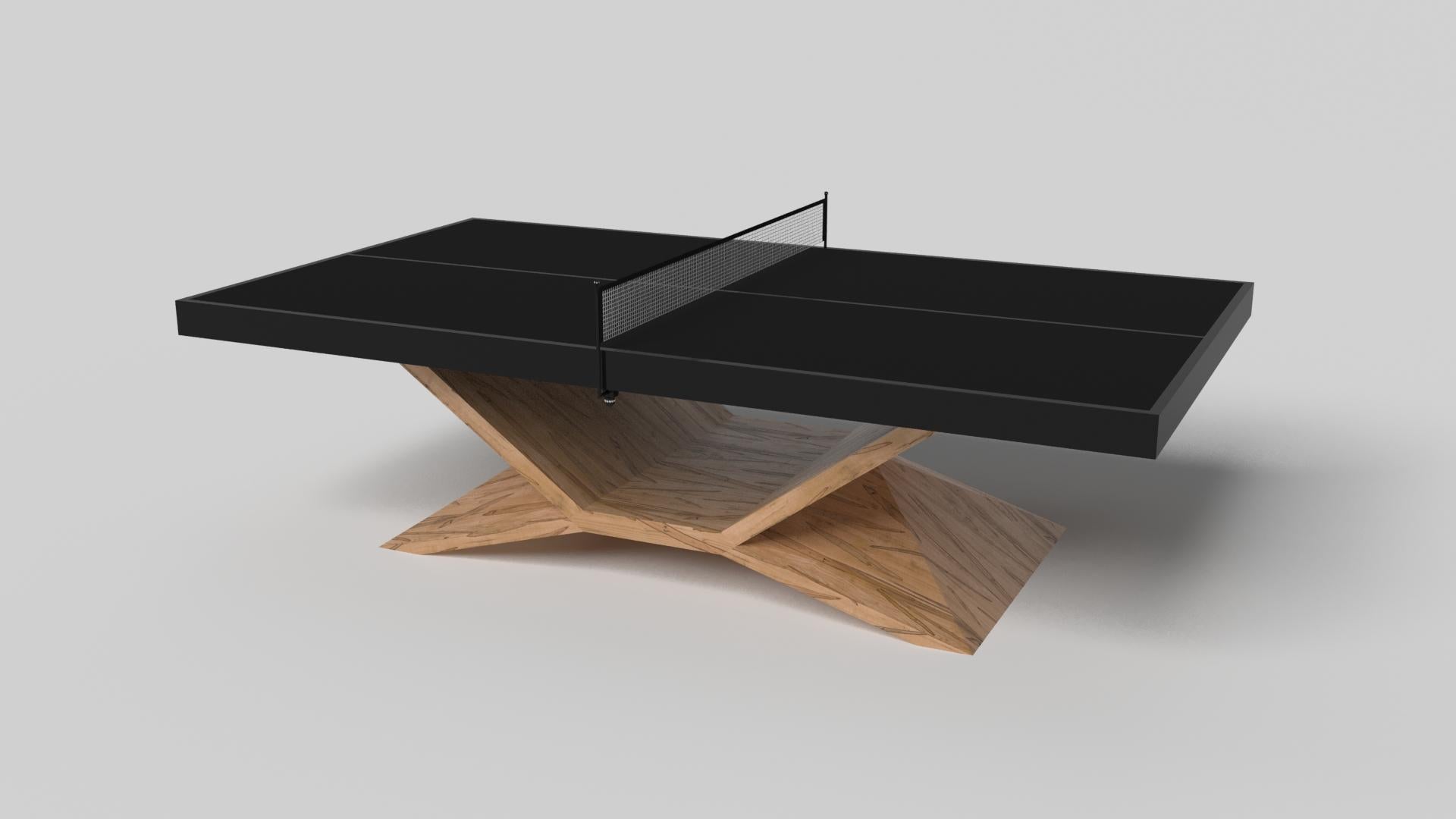 In chrome, the Kors table tennis table is a superior example of contrasting geometric forms. This table features an angular base that highlights the beauty of negative space from the front view. From the side view, it offers a completely different