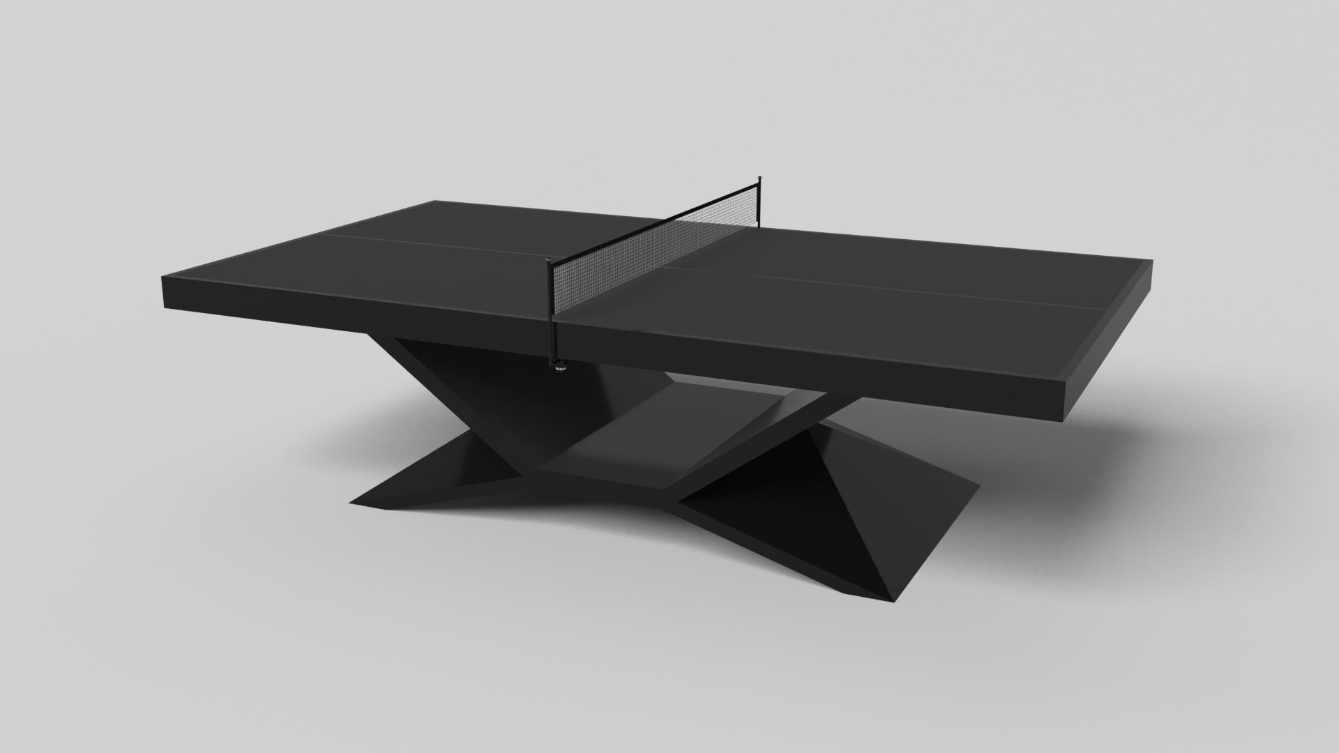 En chrome, la table de tennis de table Kors est un exemple supérieur de formes géométriques contrastées. Cette table présente une base angulaire qui met en valeur la beauté de l'espace négatif vu de face. Vu de côté, il offre une perspective