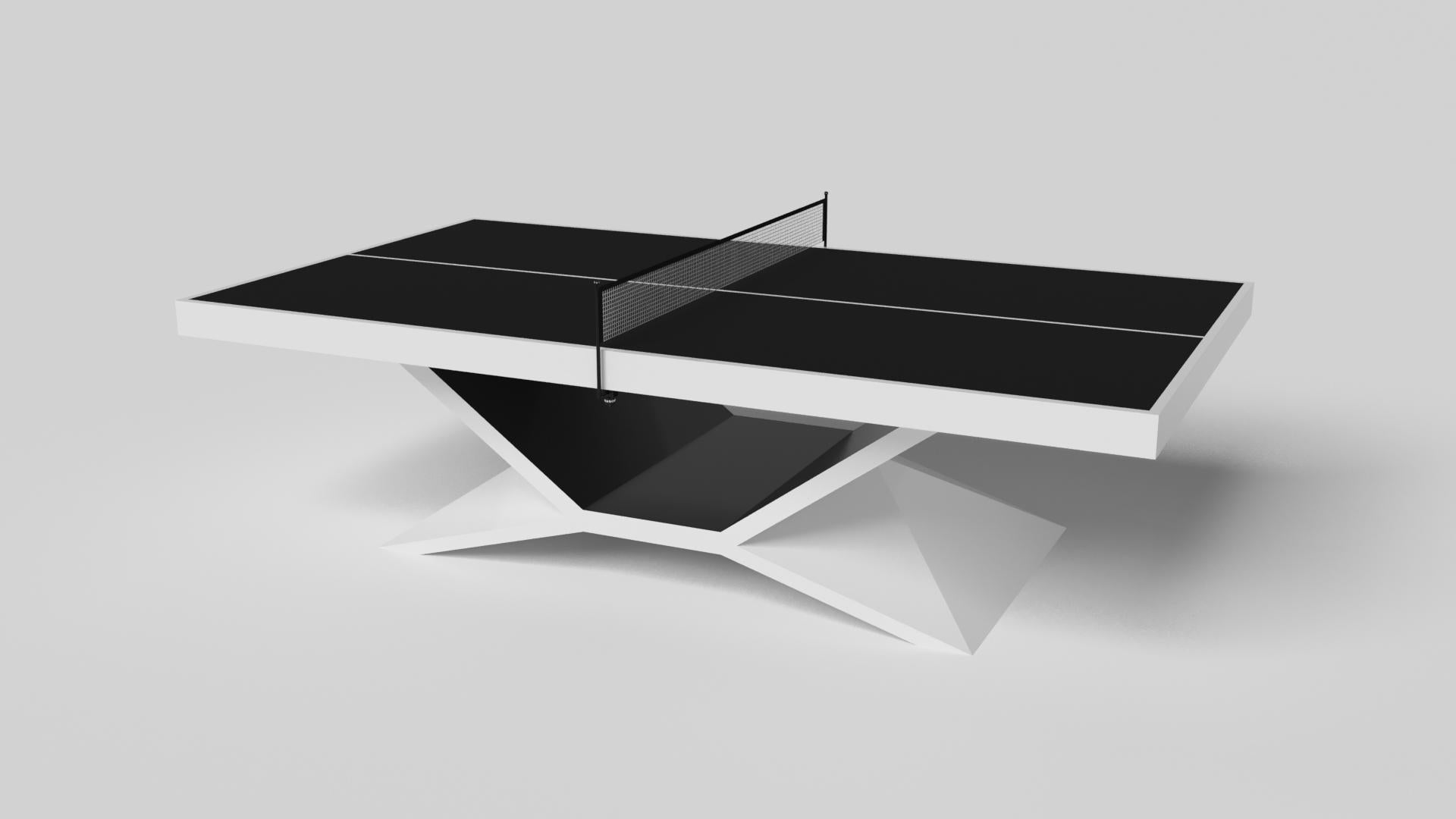 In chrome, the Kors table tennis table is a superior example of contrasting geometric forms. This table features an angular base that highlights the beauty of negative space from the front view. From the side view, it offers a completely different