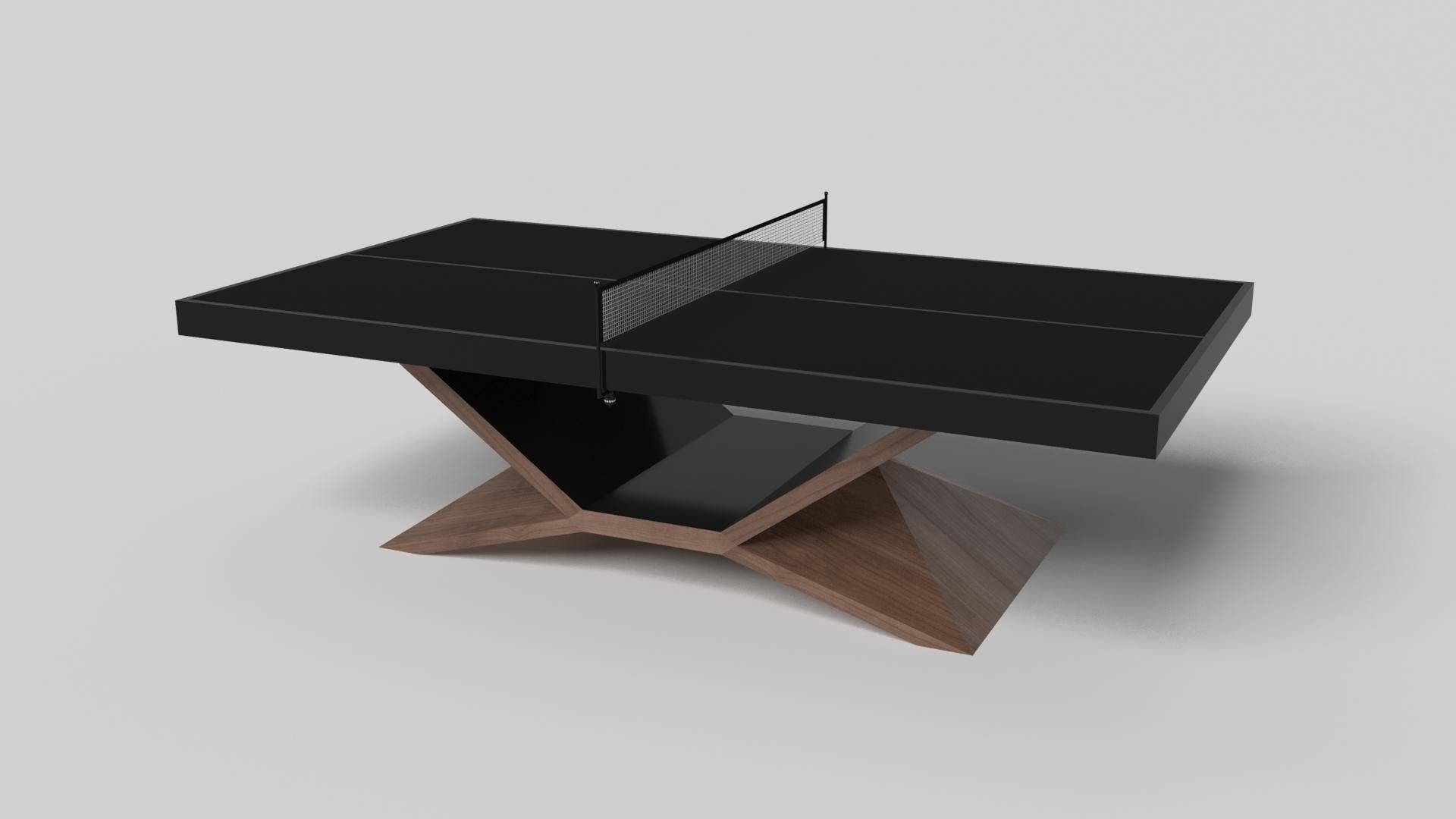 In chrome, the Kors table tennis table is a superior example of contrasting geometric forms. This table features an angular base that highlights the beauty of negative space from the front view. From the side view, it offers a completely different