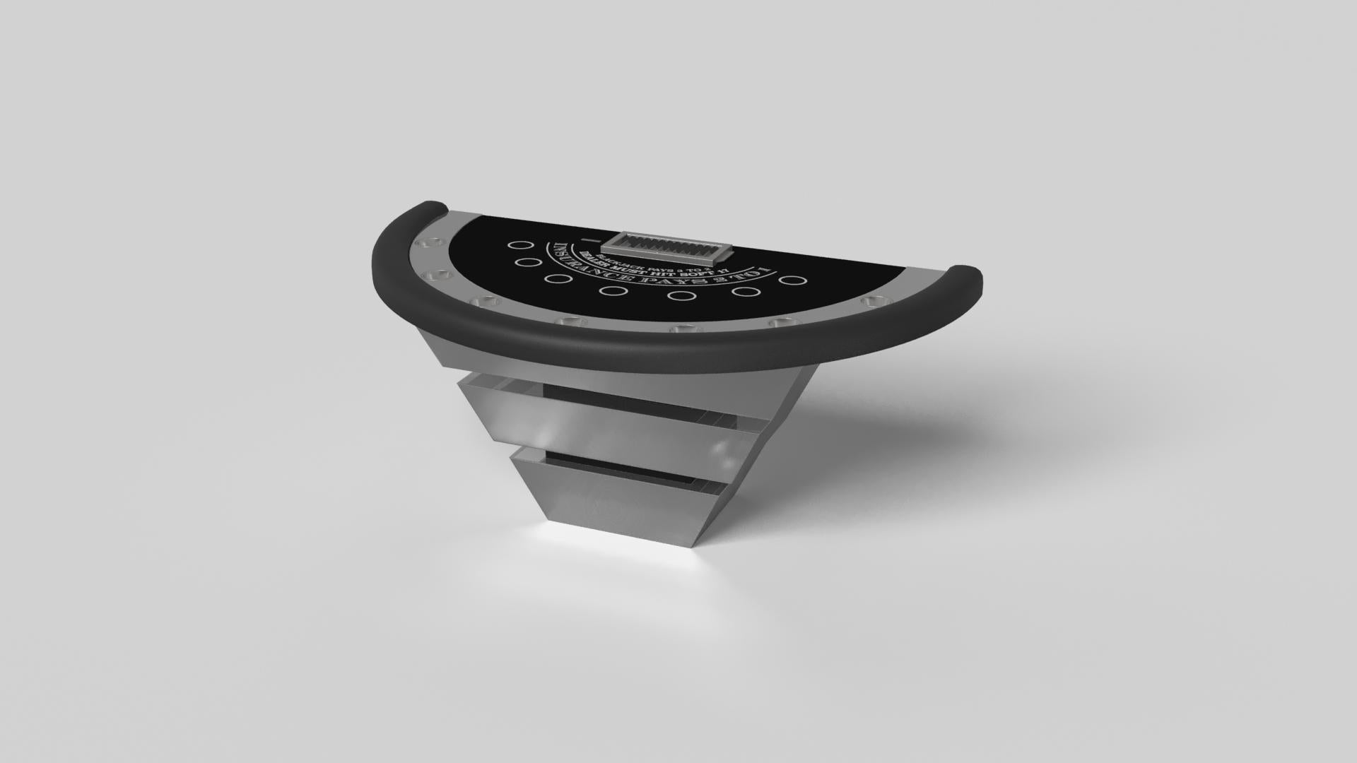 Three solid pieces of wood seemingly float around a concealed center base, making the Louve blackjack table in brushed aluminum one of our most mind-bending designs. Crafted from solid wood and detailed with a chip rack and betting circles, this