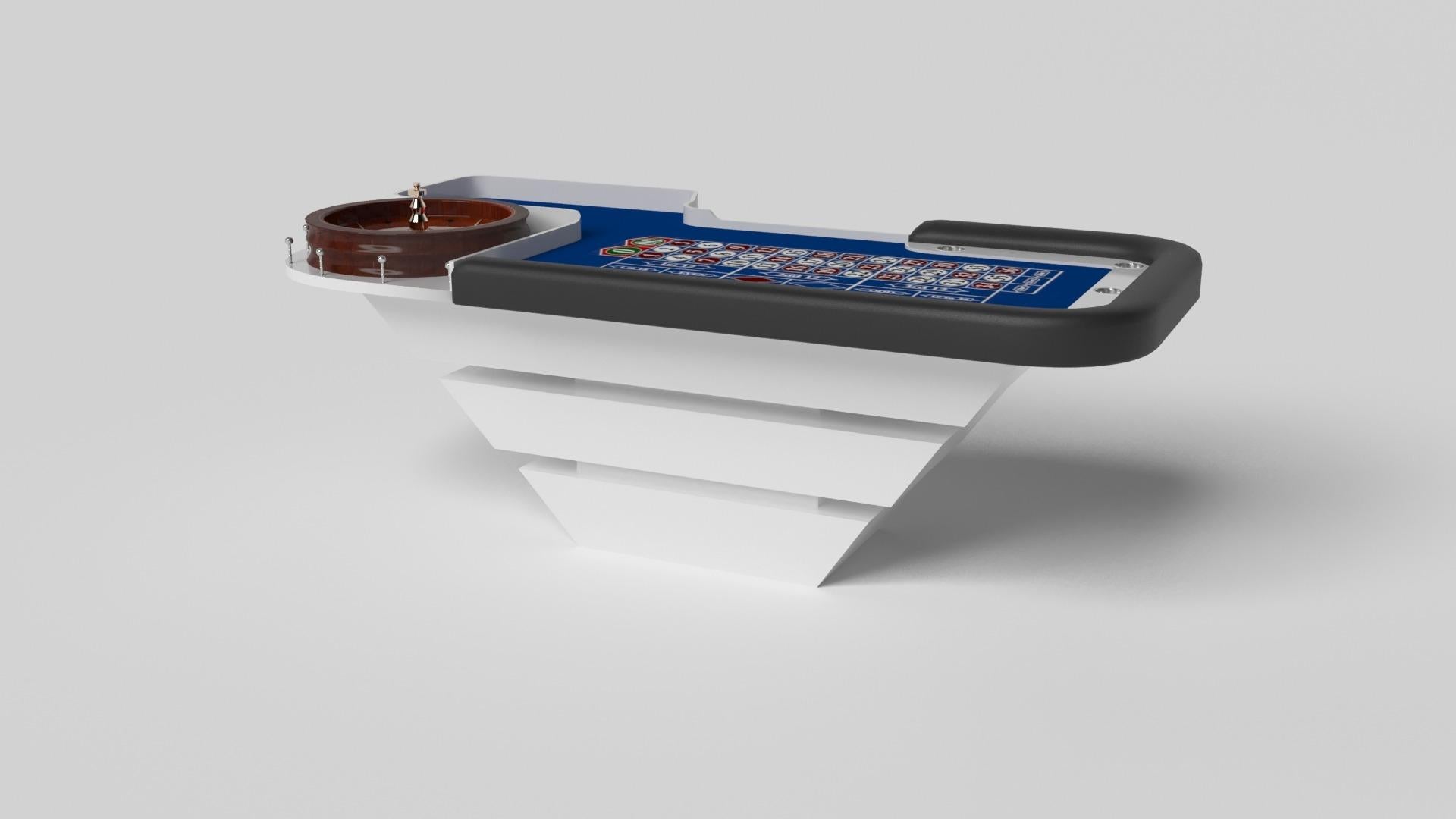 Three solid pieces of wood seemingly float around a concealed center base, making the Louve roulette table in chrome one of our most mind-bending designs. Crafted from solid metal and detailed with betting boxes and an American wheel, this