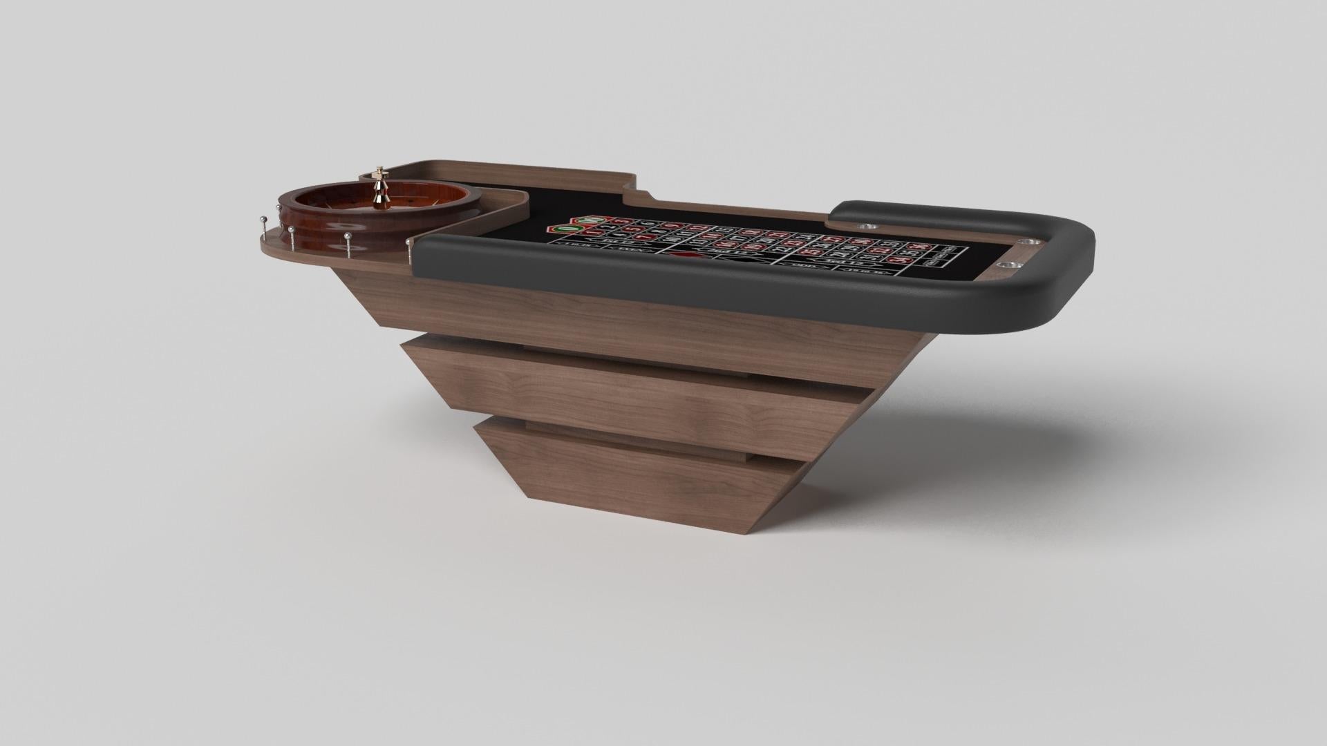 Three solid pieces of wood seemingly float around a concealed center base, making the Louve roulette table in chrome one of our most mind-bending designs. Crafted from solid metal and detailed with betting boxes and an American wheel, this