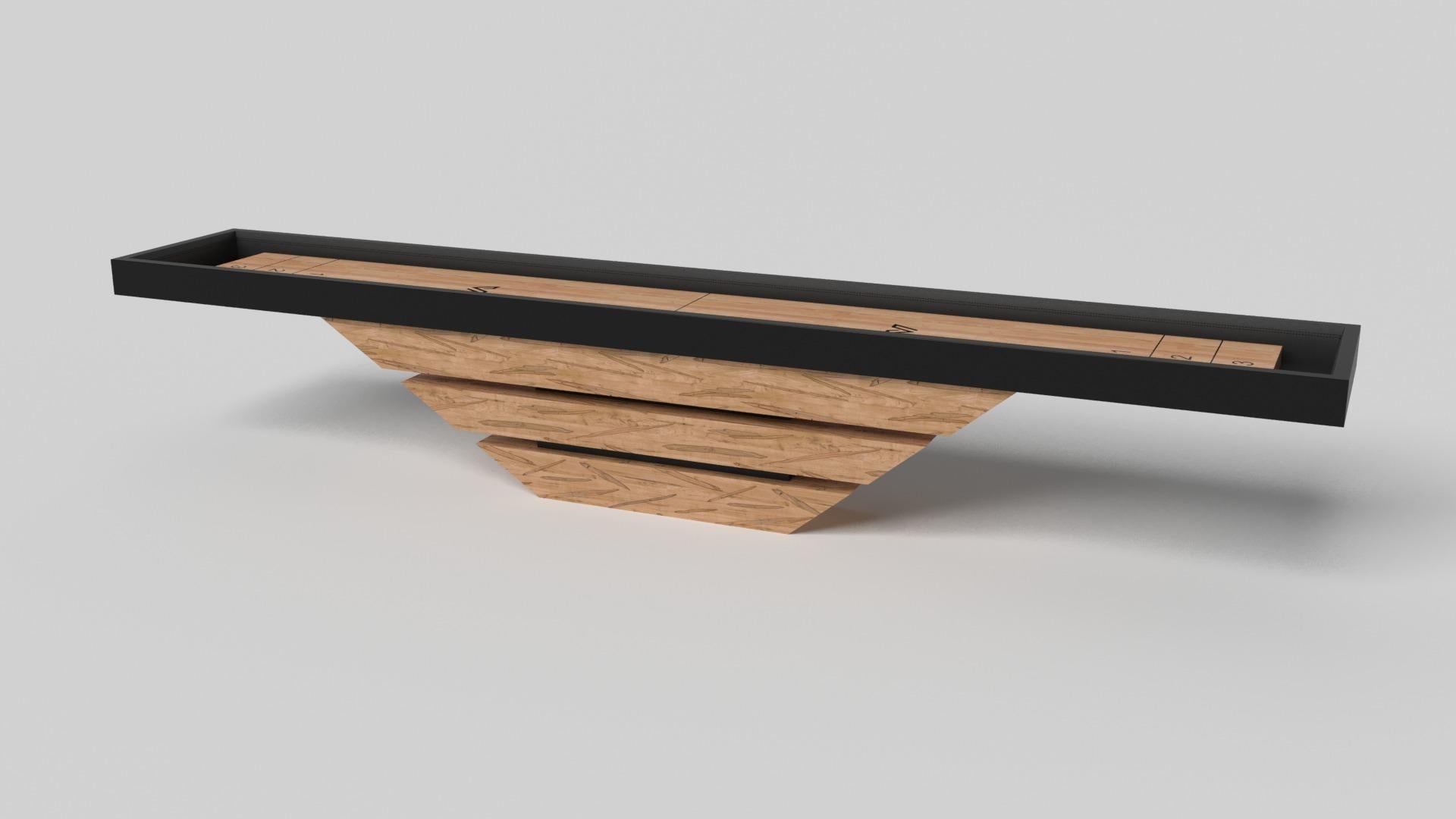 Three solid pieces of wood seemingly float around a concealed center base, making the Louve shuffleboard table in chrome one of our most mind-bending designs. Crafted from solid maple wood and detailed with a smooth professional grade Maple wood