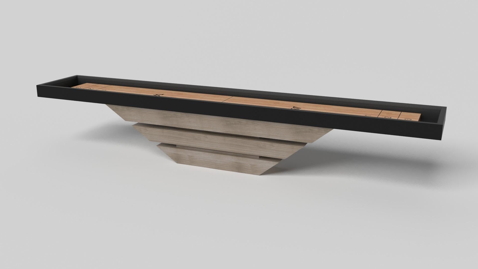 Three solid pieces of wood seemingly float around a concealed center base, making the Louve shuffleboard table in chrome one of our most mind-bending designs. Crafted from solid maple wood and detailed with a smooth professional grade Maple wood